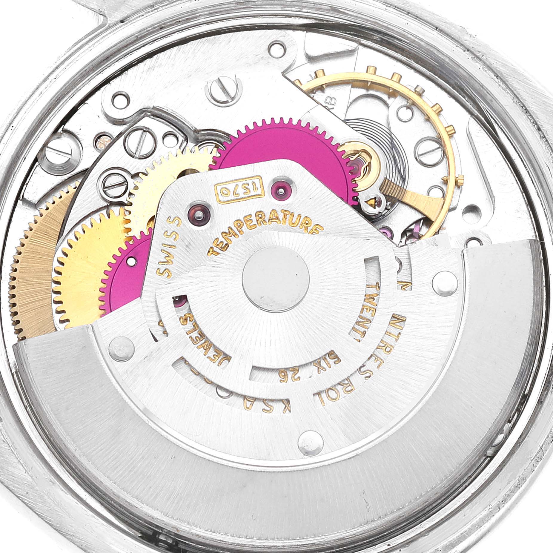 This image shows the intricate internal mechanism of a Rolex Vintage Collection 1500 Men's Stainless Steel Silver Dial 1500 Men's Stainless Steel Silver Dial watch, viewed from the back.