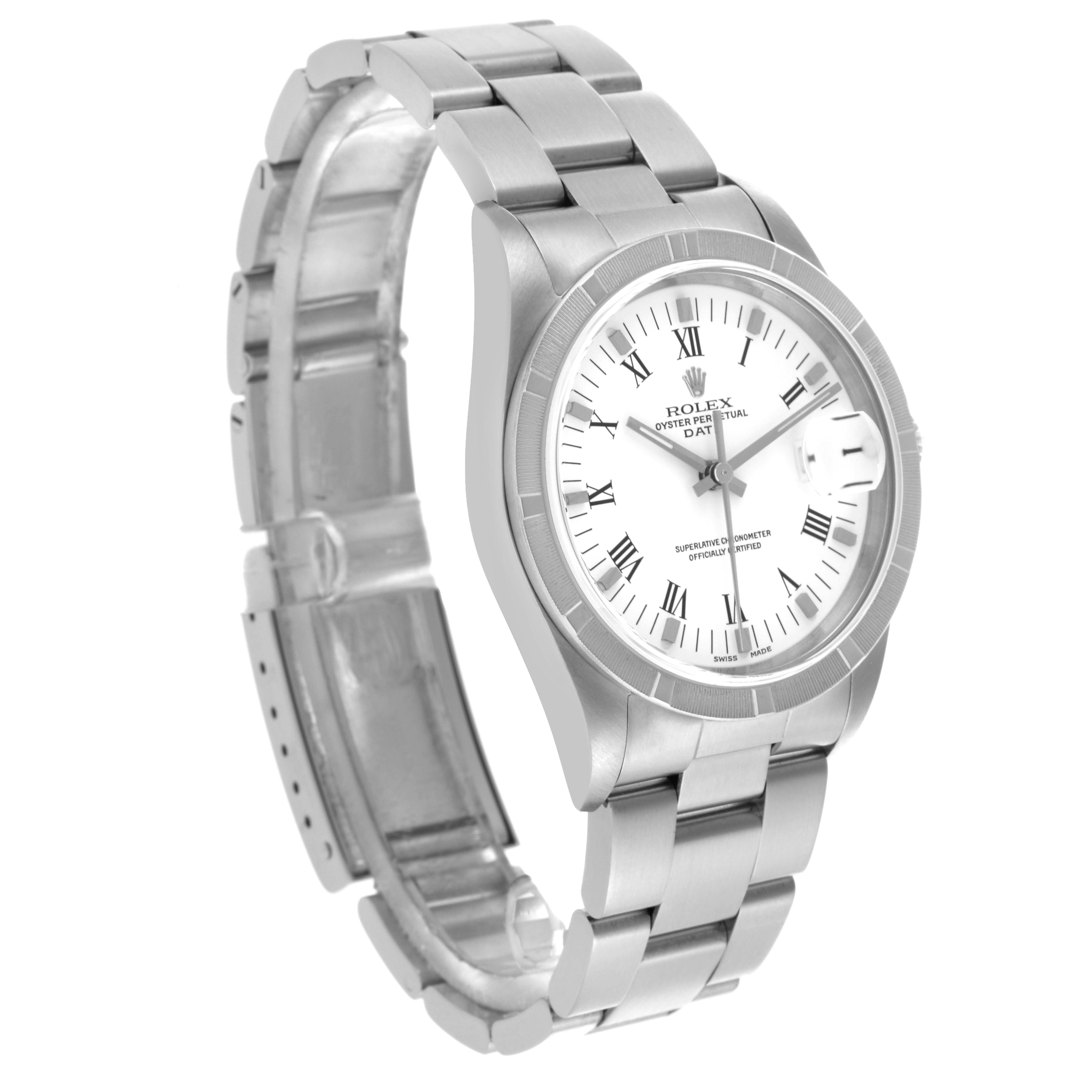 The Rolex Date 15210 Men's Stainless Steel White Dial 15210 Men's Stainless Steel White Dial model is shown at a slight angle, displaying the dial, bracelet, and side profile.