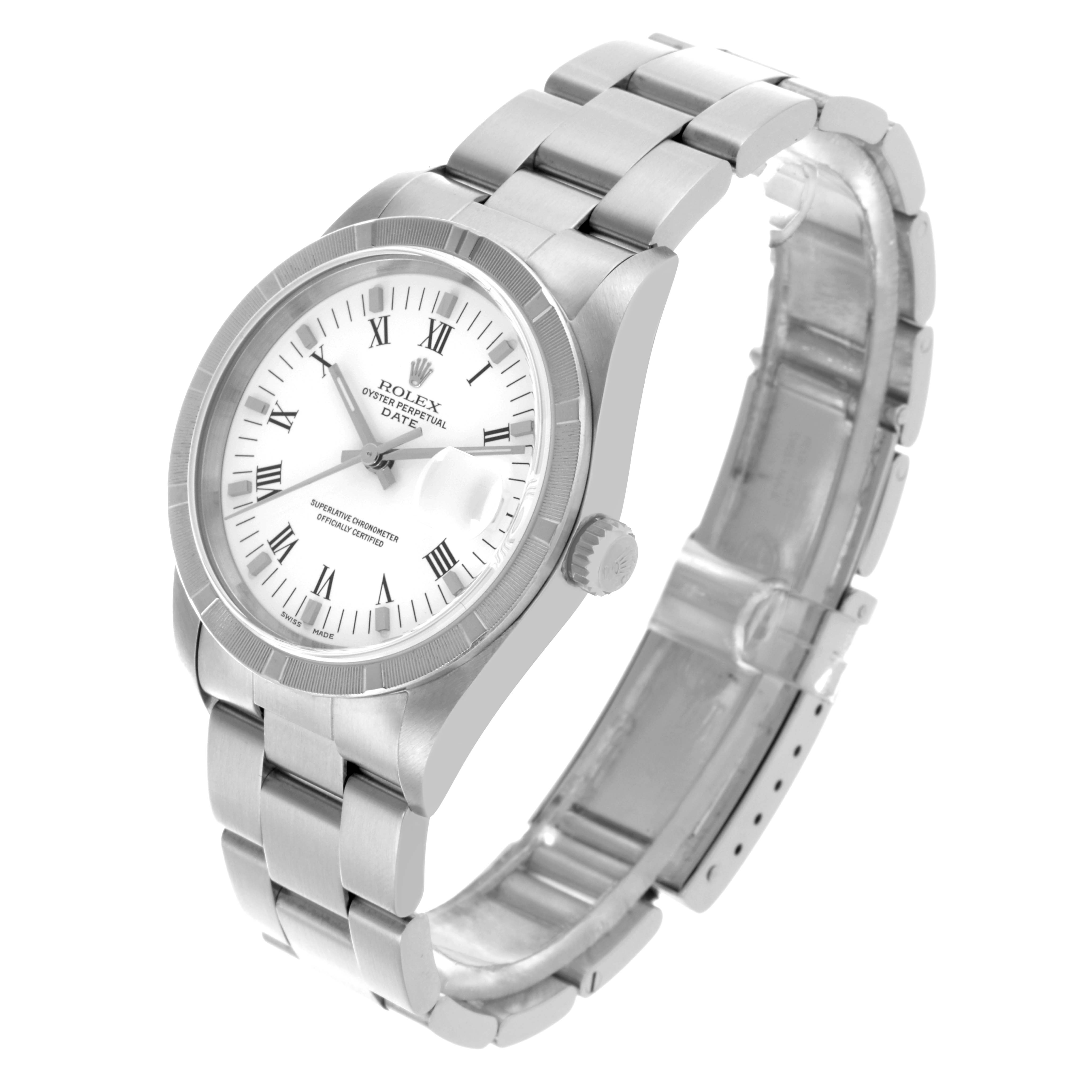 The Rolex Date 15210 Men's Stainless Steel White Dial 15210 Men's Stainless Steel White Dial watch is shown at a three-quarter angle, highlighting the face, bezel, and bracelet.