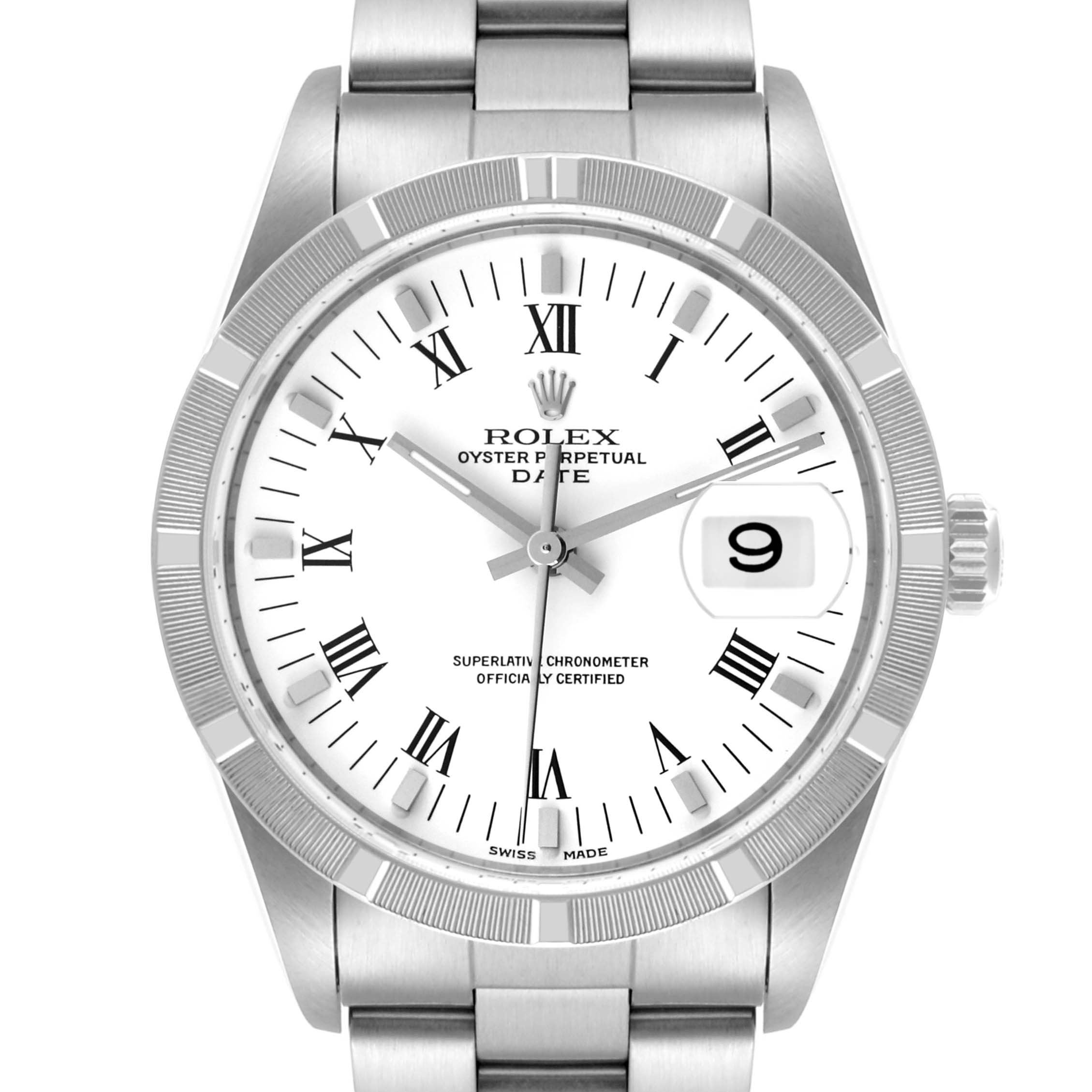 The Rolex Date 15210 Men's Stainless Steel White Dial 15210 Men's Stainless Steel White Dial model watch is shown from the front, displaying its face, bezel, bracelet, and date magnifier.