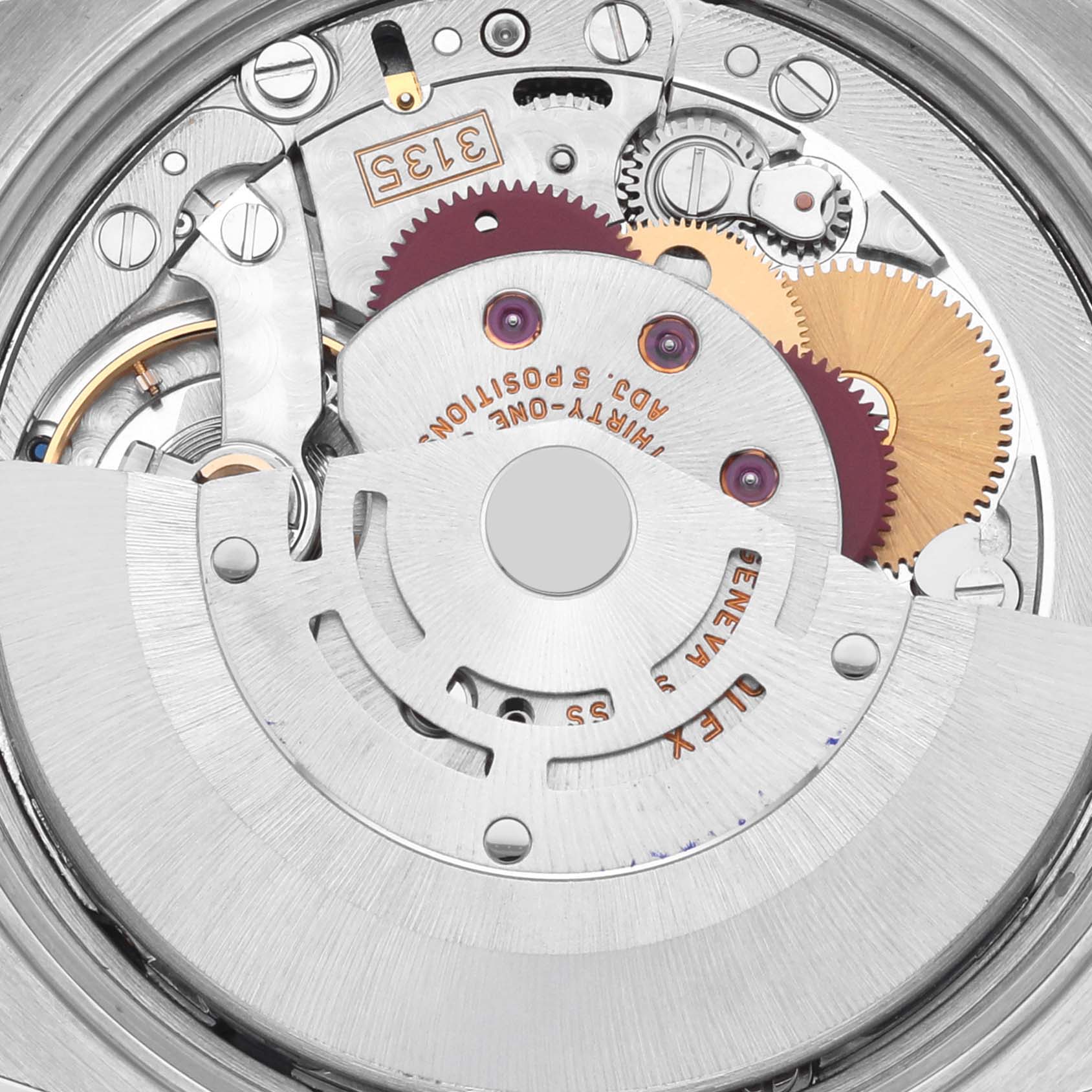 This image shows the intricate movement mechanism of a Rolex Date 15210 Men's Stainless Steel White Dial 15210 Men's Stainless Steel White Dial model, highlighting gears and components.