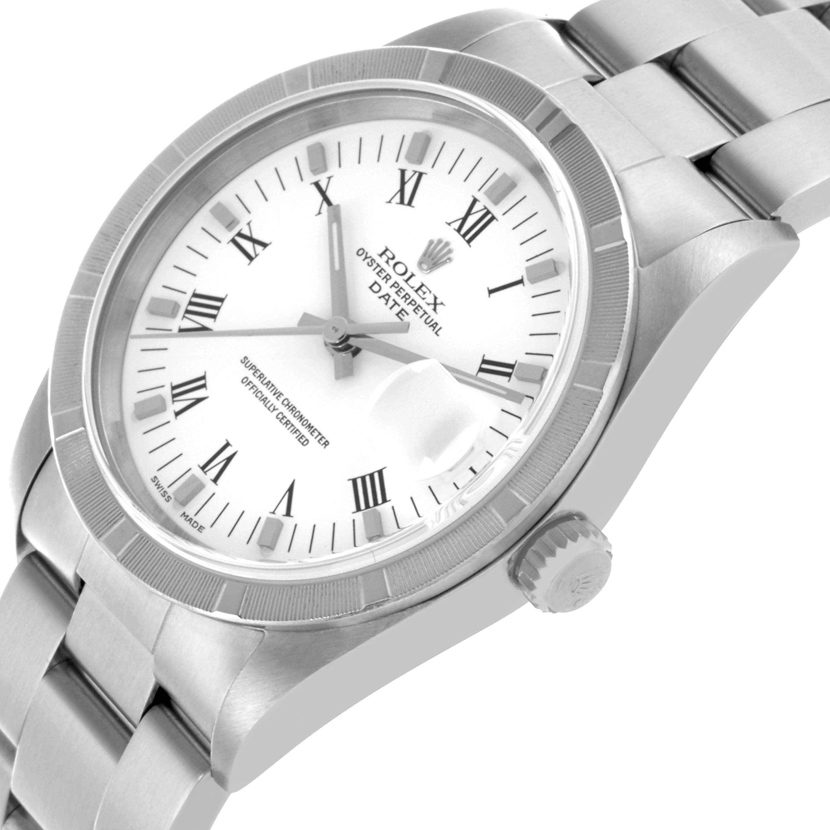 The Rolex Date 15210 Men's Stainless Steel White Dial 15210 Men's Stainless Steel White Dial watch is shown at a slight side angle, displaying the face, case, bezel, and part of the bracelet.