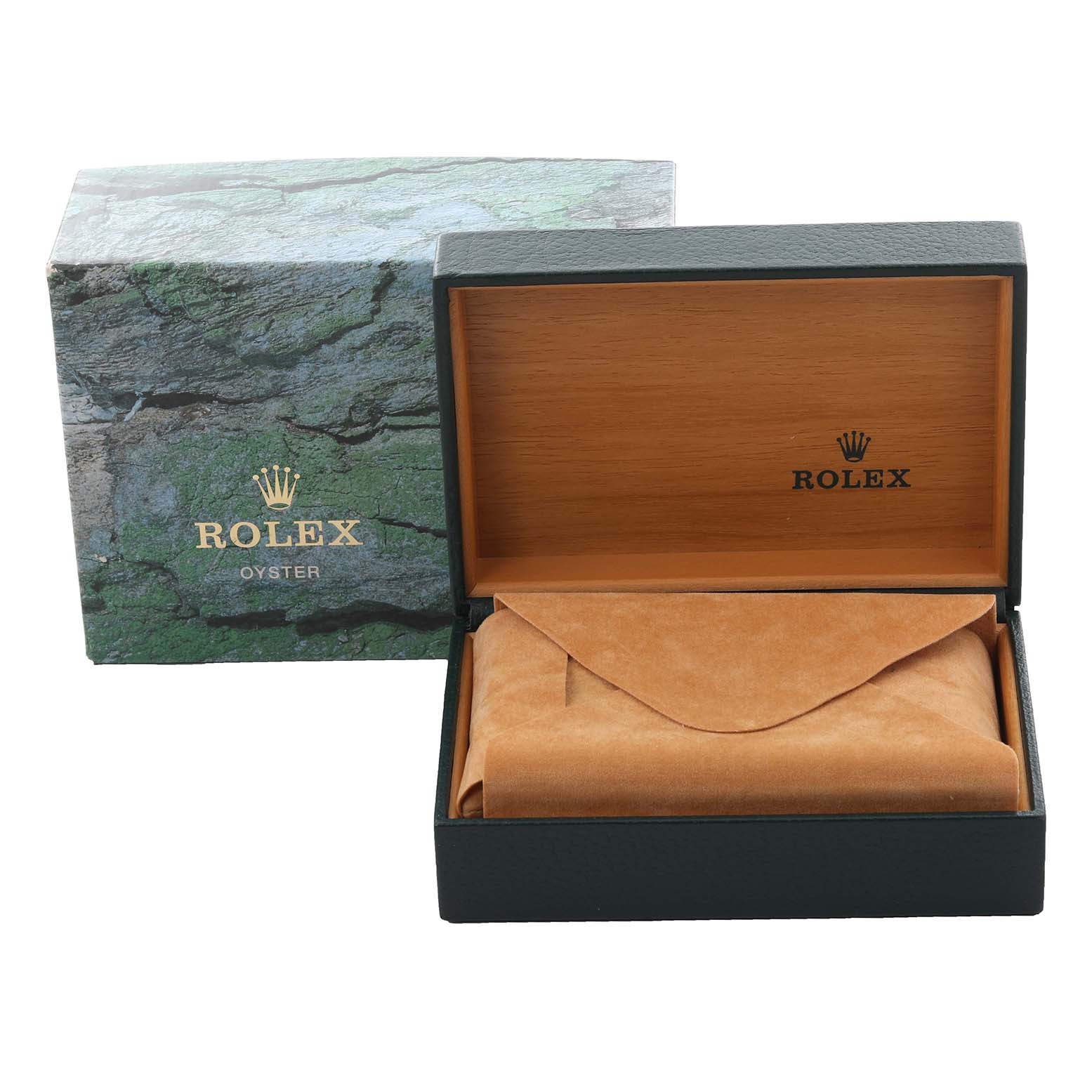 The image shows a Rolex Date 15210 Men's Stainless Steel White Dial 15210 Men's Stainless Steel White Dial model watch box and pouch from a front angle.