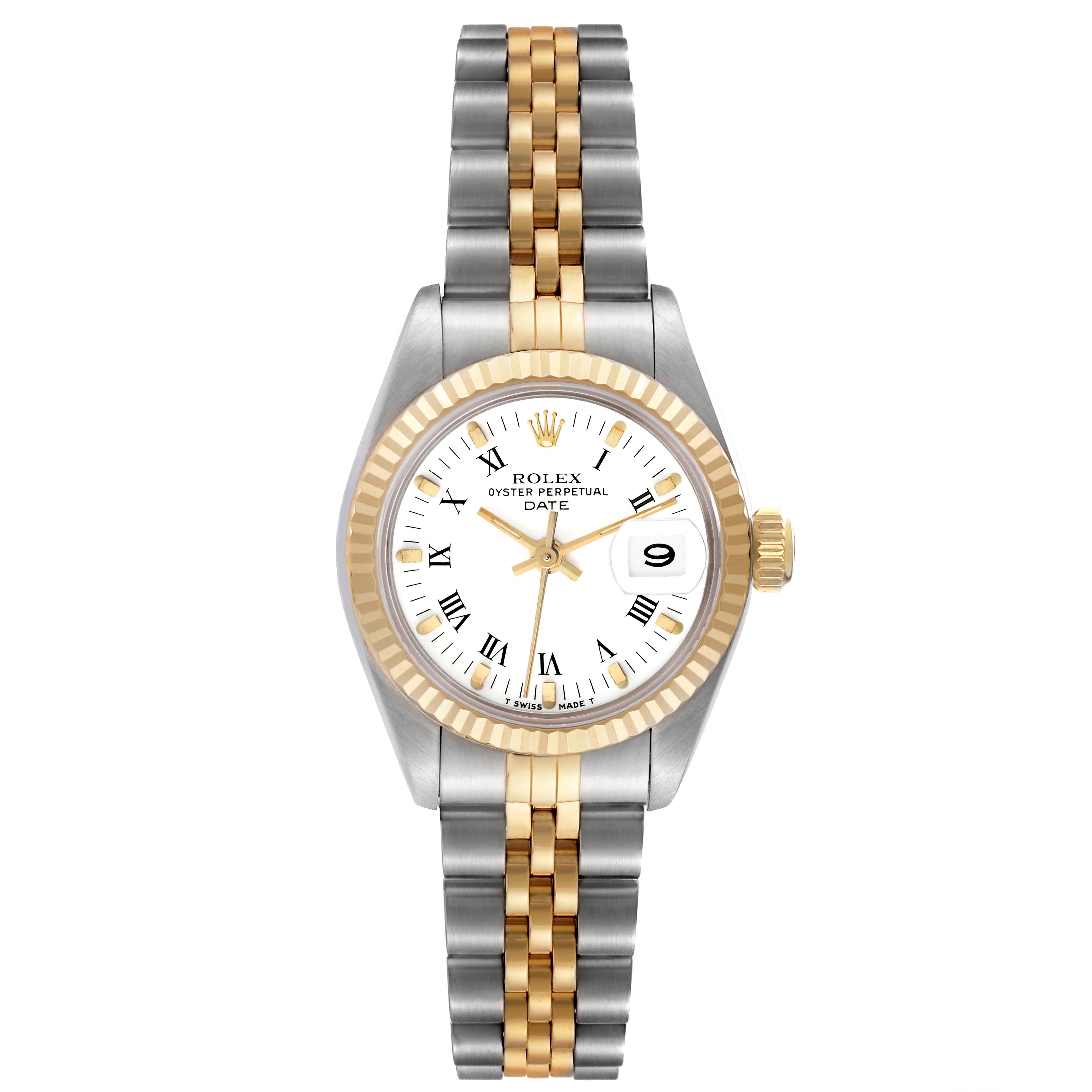 The Rolex Date 69173 Women
s Steel and Gold (two tone) White Dial 69173 Women
s Steel and Gold (two tone) White Dial model watch is shown from a top view, highlighting the face, bezel, crown, and two-tone bracelet.