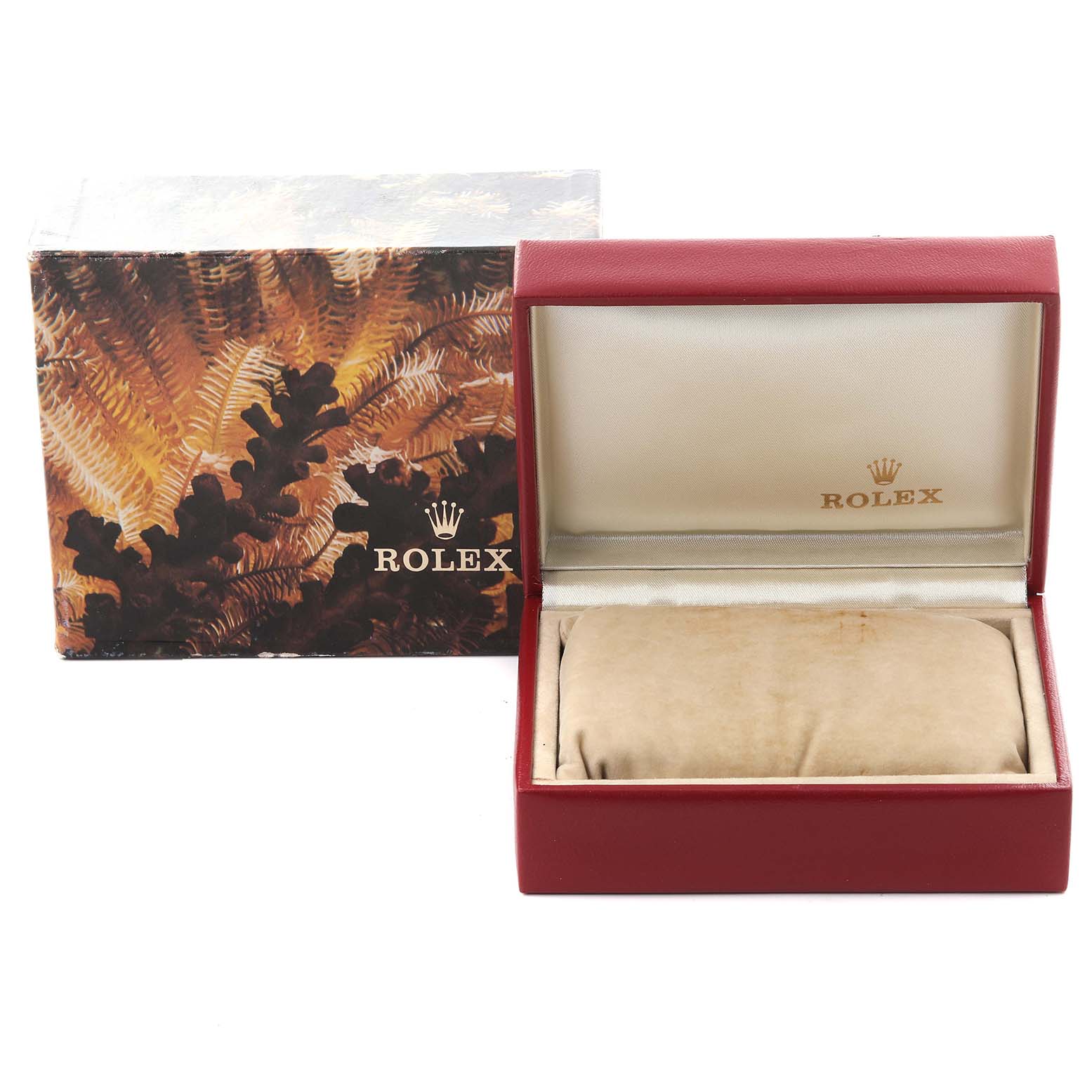 The image shows a Rolex Date 69173 Women
s Steel and Gold (two tone) White Dial 69173 Women
s Steel and Gold (two tone) White Dial model box and cushion from a frontal angle, with the outer packaging and open display case.