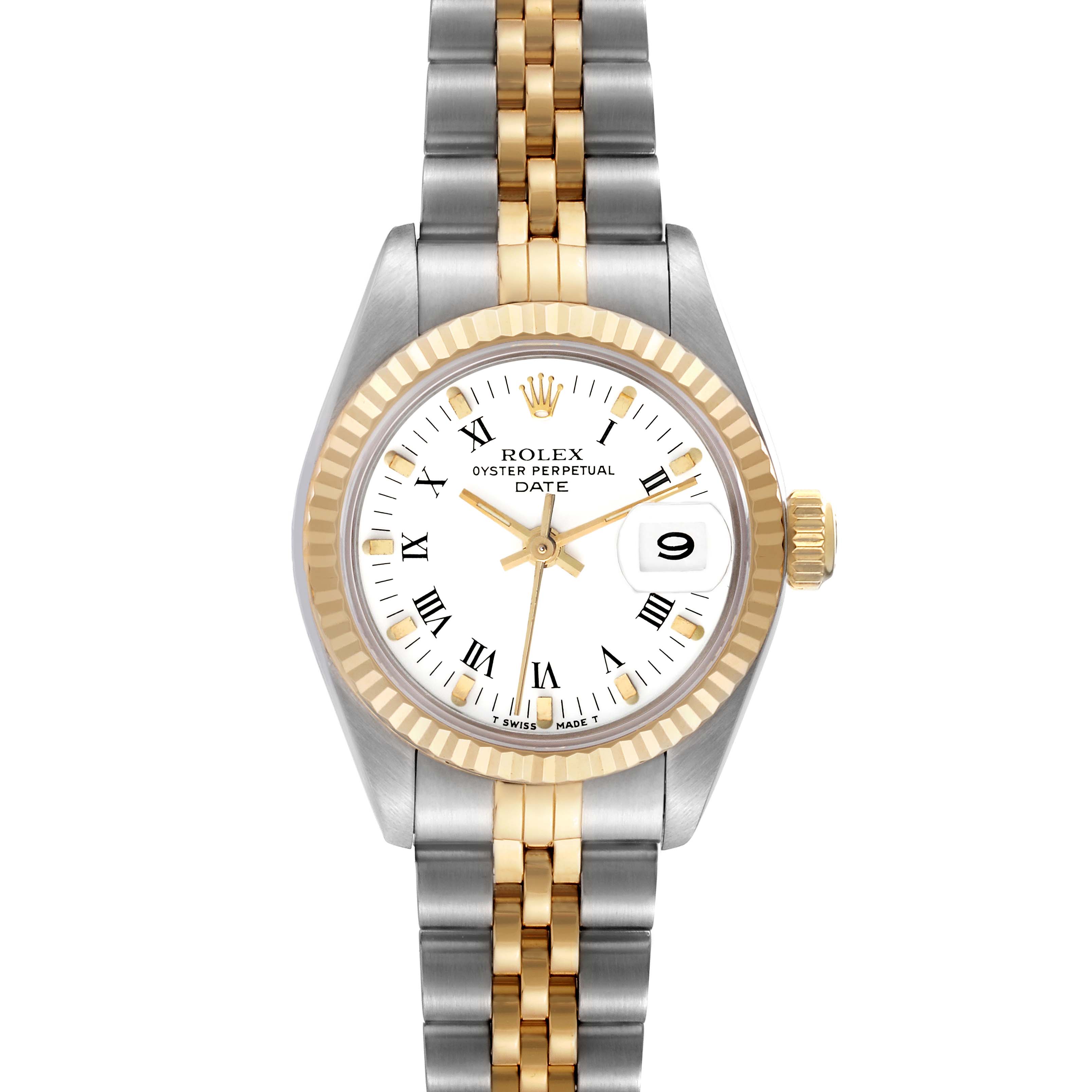 The Rolex Date 69173 Women
s Steel and Gold (two tone) White Dial 69173 Women
s Steel and Gold (two tone) White Dial watch is shown from the front, displaying the dial, bezel, and the two-tone bracelet.