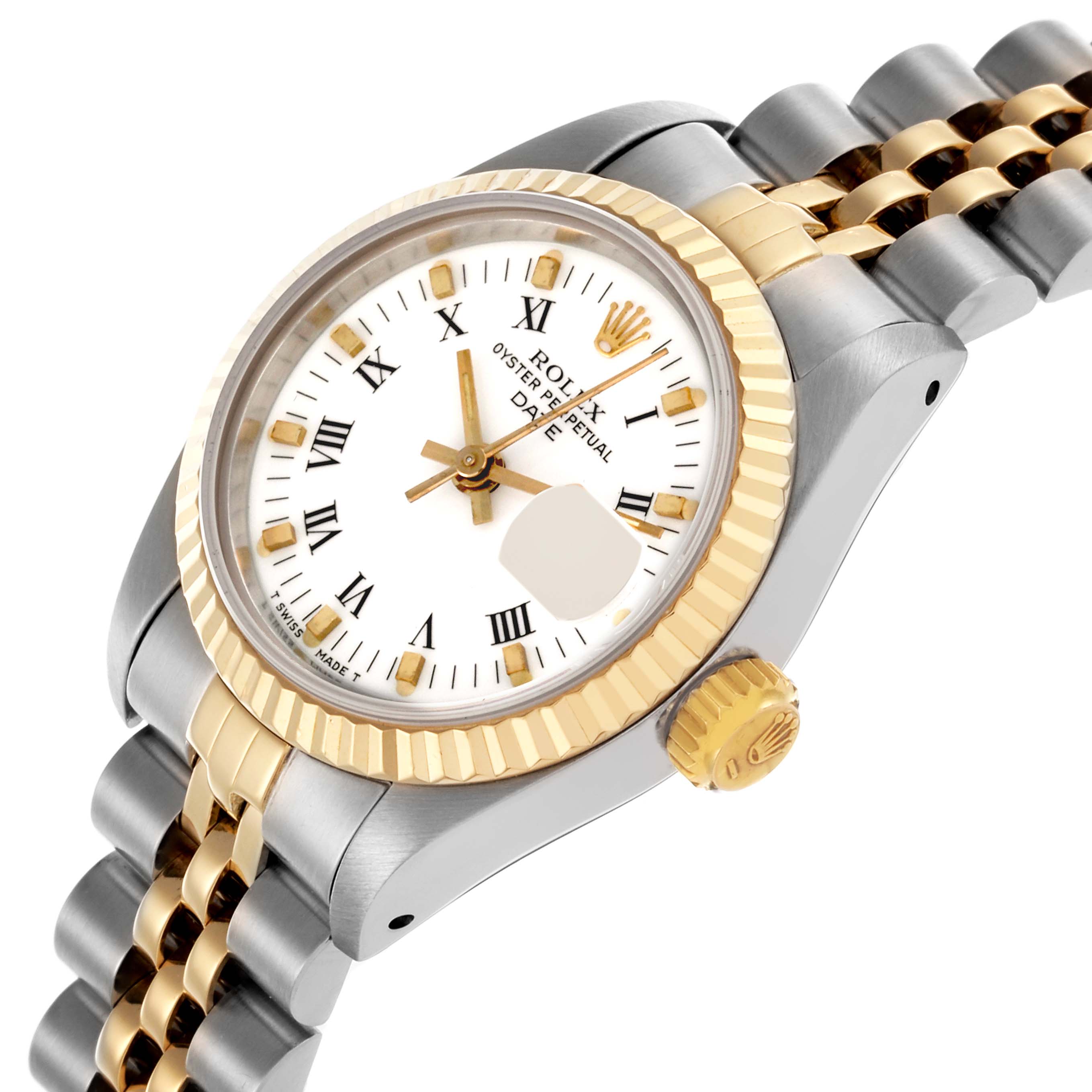 The Rolex Date 69173 Women
s Steel and Gold (two tone) White Dial 69173 Women
s Steel and Gold (two tone) White Dial model watch is shown at a slight diagonal angle highlighting the dial, fluted bezel, crown, and two-tone bracelet.
