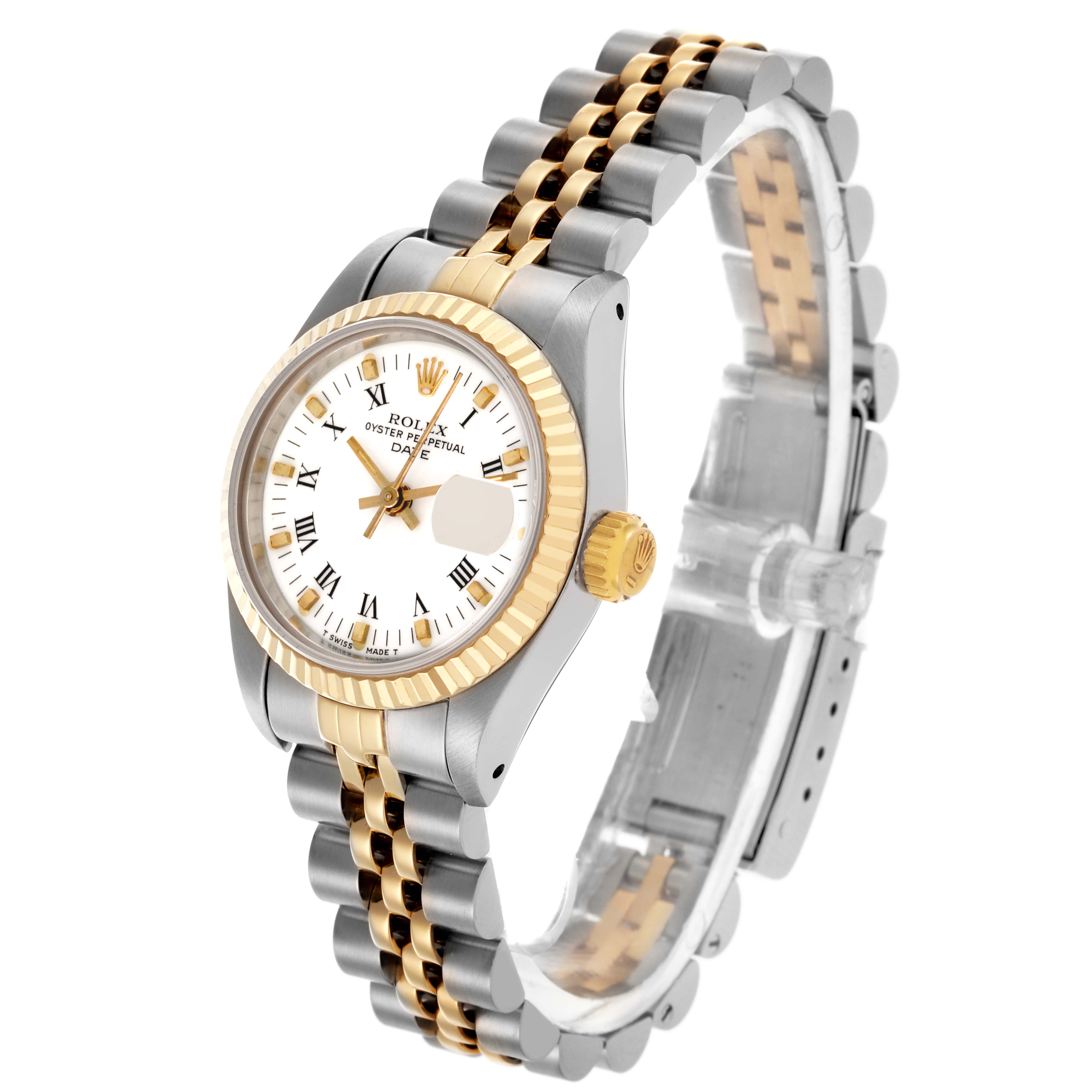 The Rolex Date 69173 Women
s Steel and Gold (two tone) White Dial 69173 Women
s Steel and Gold (two tone) White Dial watch is shown at an angled side view, displaying the dial, bezel, crown, and two-tone bracelet.
