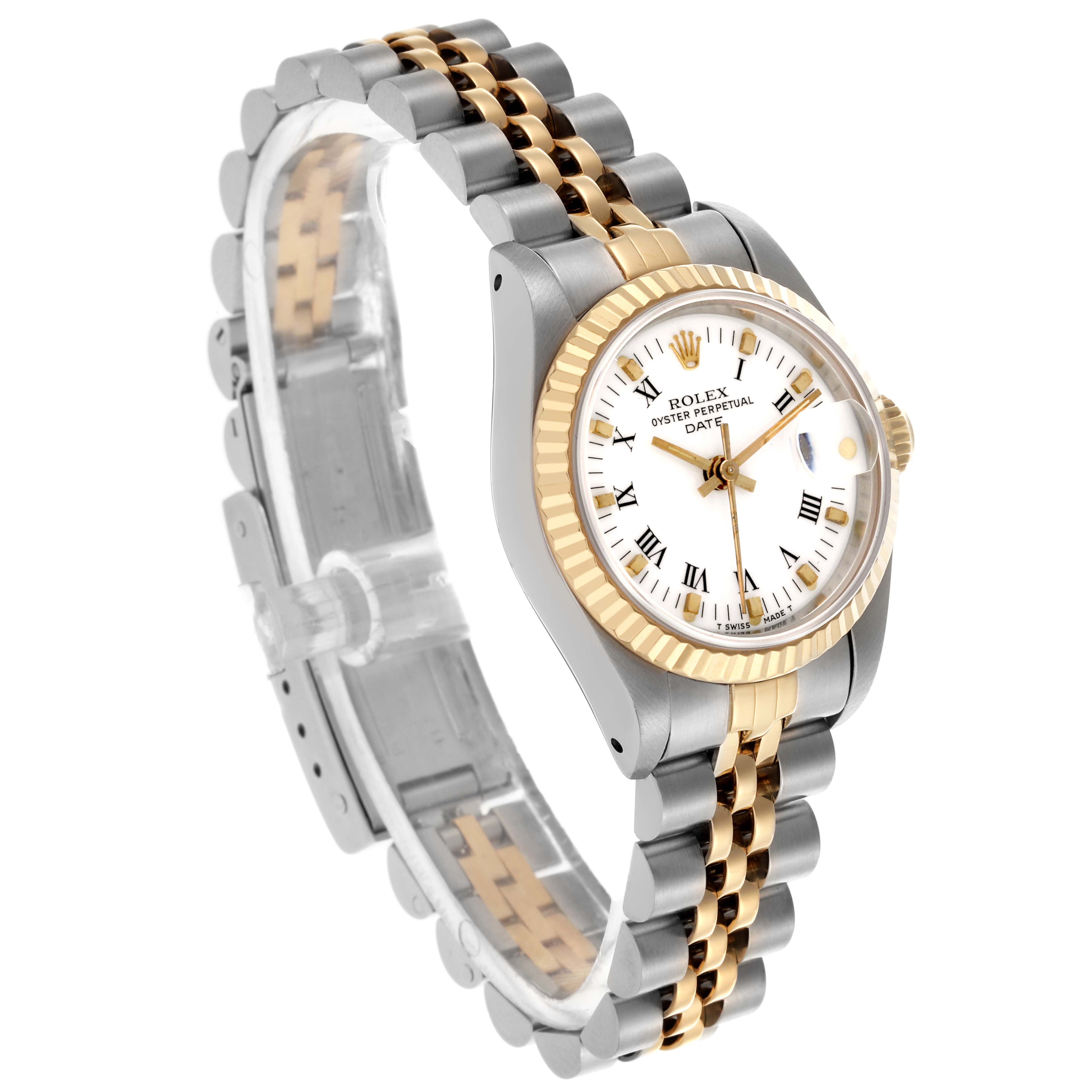 The Rolex Date 69173 Women
s Steel and Gold (two tone) White Dial 69173 Women
s Steel and Gold (two tone) White Dial model is shown from a front-right angle, displaying its face, bezel, and bracelet.