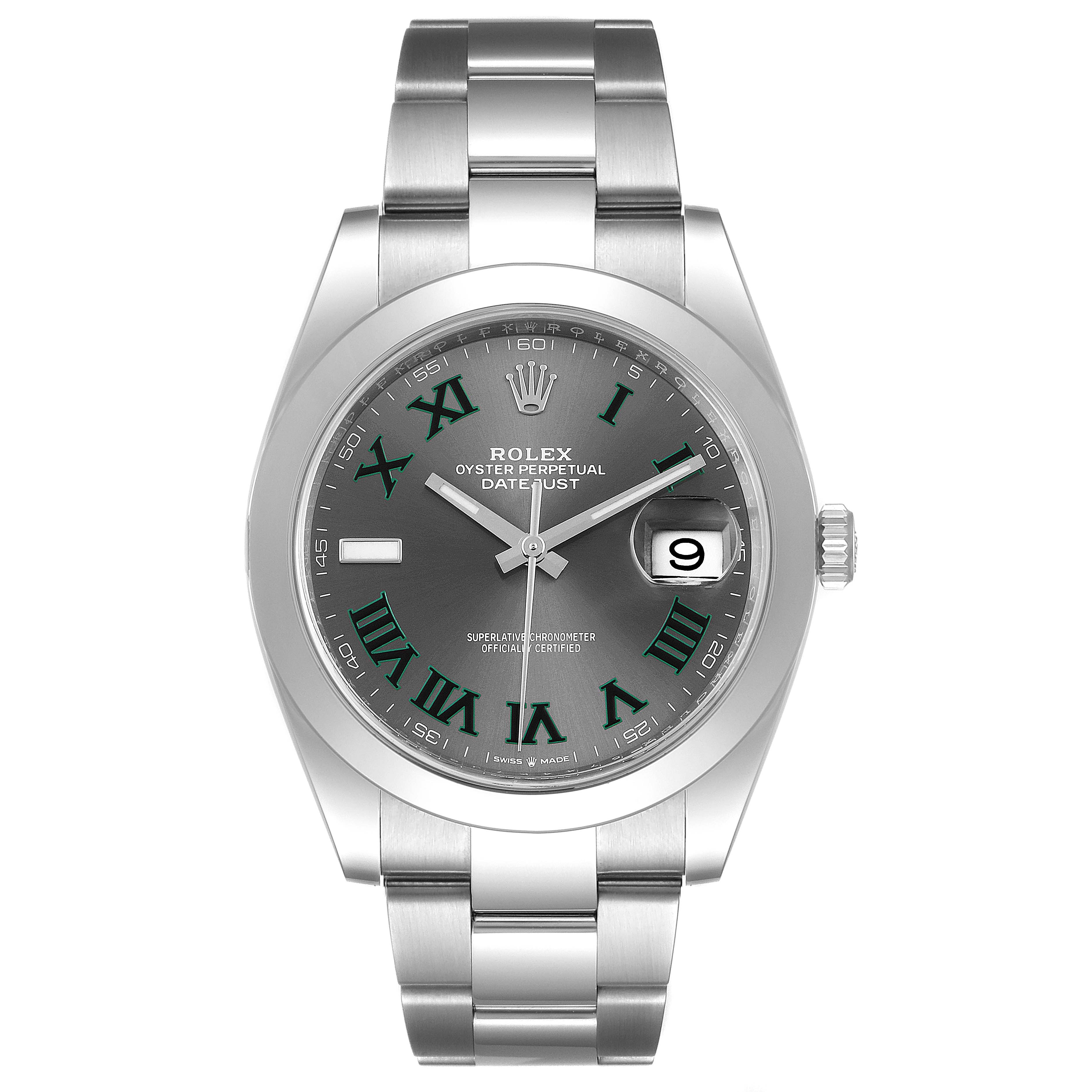 The image shows a front view of the Rolex Datejust 41 126300 Men
s Stainless Steel Grey Dial 126300 Men
s Stainless Steel Grey Dial watch, highlighting the dial, bracelet, and date display.