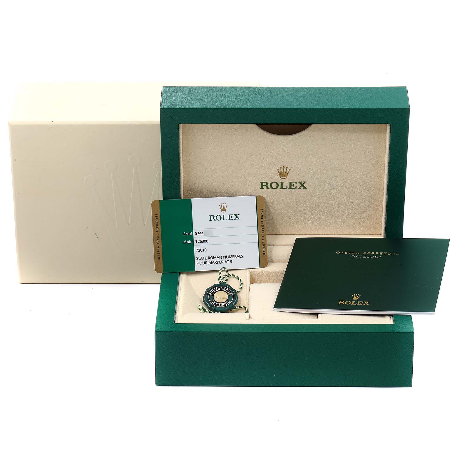 The image shows the Rolex Datejust 41 126300 Men
s Stainless Steel Grey Dial 126300 Men
s Stainless Steel Grey Dial packaging with its warranty card, tag, and manual.