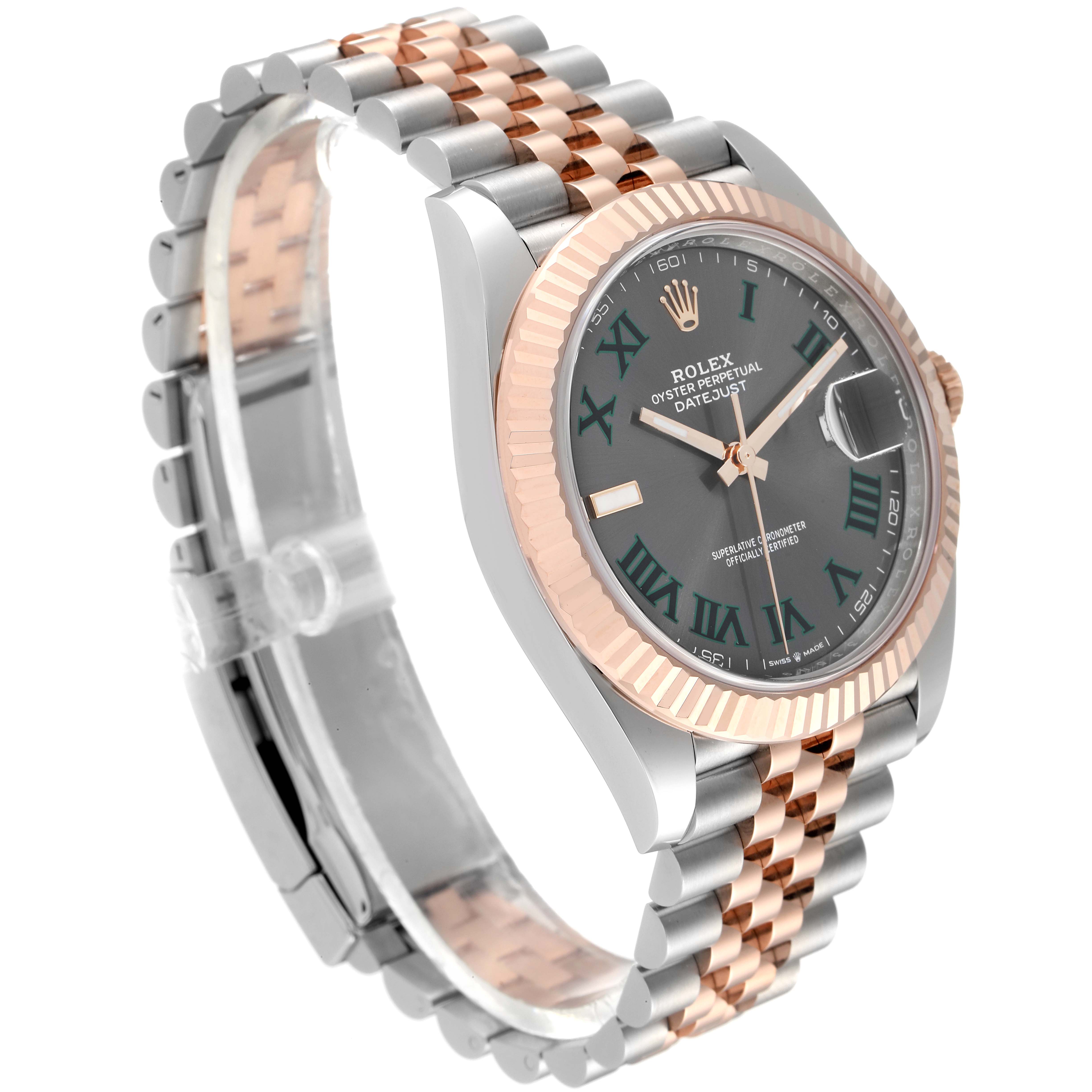 The image shows a side and front angle of the Rolex Datejust 41 126331 Men's Steel and Gold (two tone) Grey Dial 126331 Men's Steel and Gold (two tone) Grey Dial watch, highlighting its dial, bezel, and two-tone bracelet.