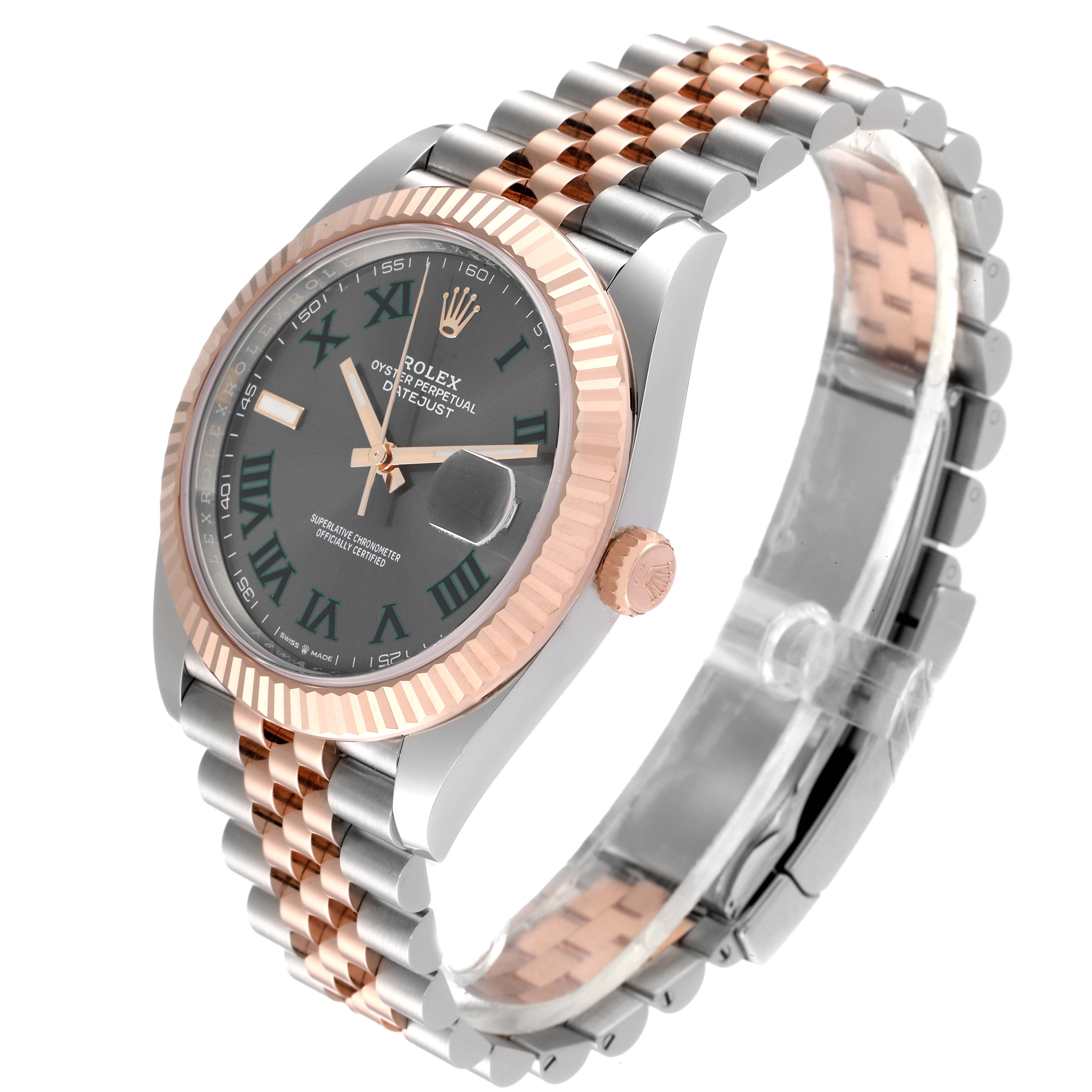 The Rolex Datejust 41 126331 Men's Steel and Gold (two tone) Grey Dial 126331 Men's Steel and Gold (two tone) Grey Dial watch is shown at a front-side angle highlighting the face, bezel, crown, and bracelet.