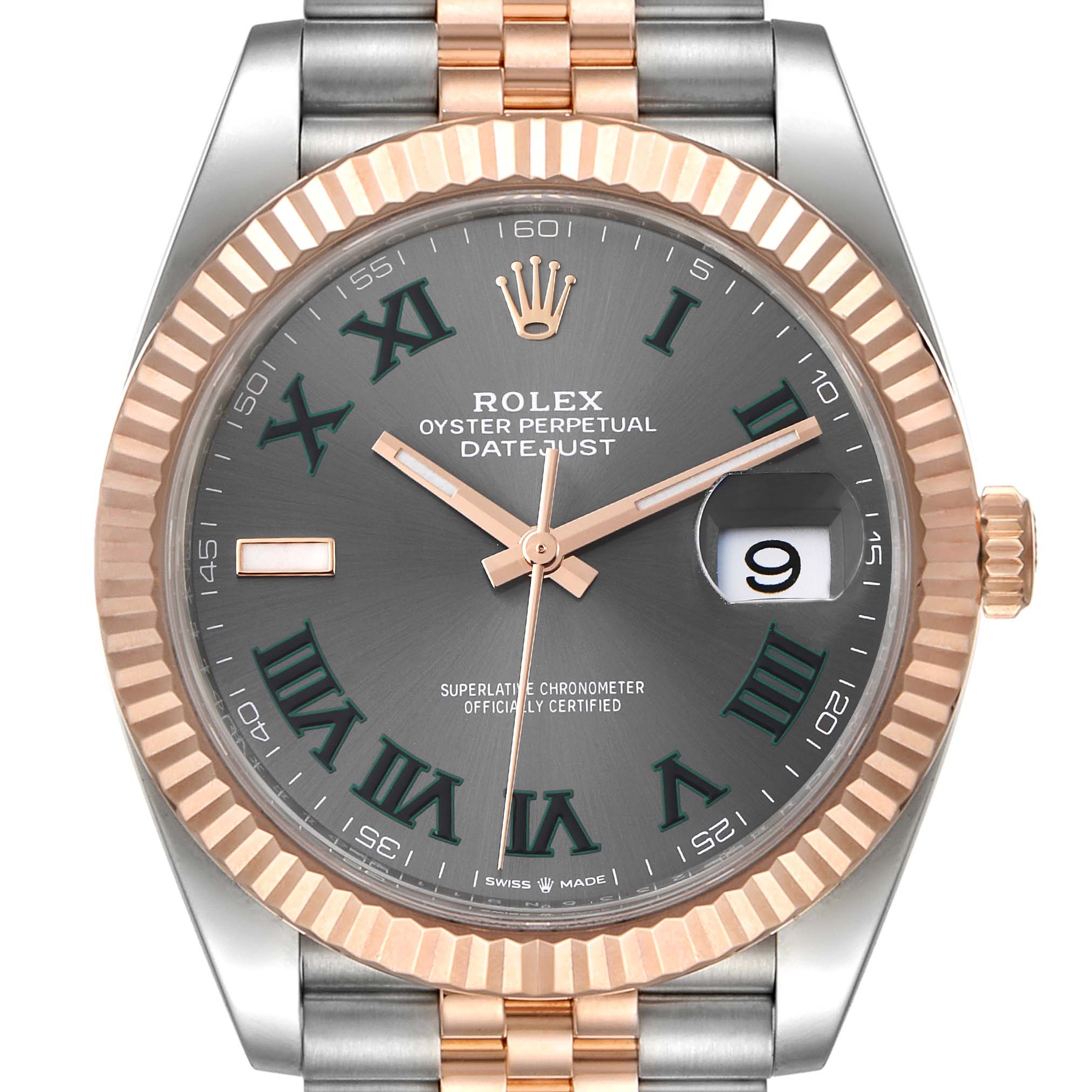 This image shows a front view of a Rolex Datejust 41 126331 Men's Steel and Gold (two tone) Grey Dial 126331 Men's Steel and Gold (two tone) Grey Dial watch, featuring a two-tone bracelet and a fluted bezel.
