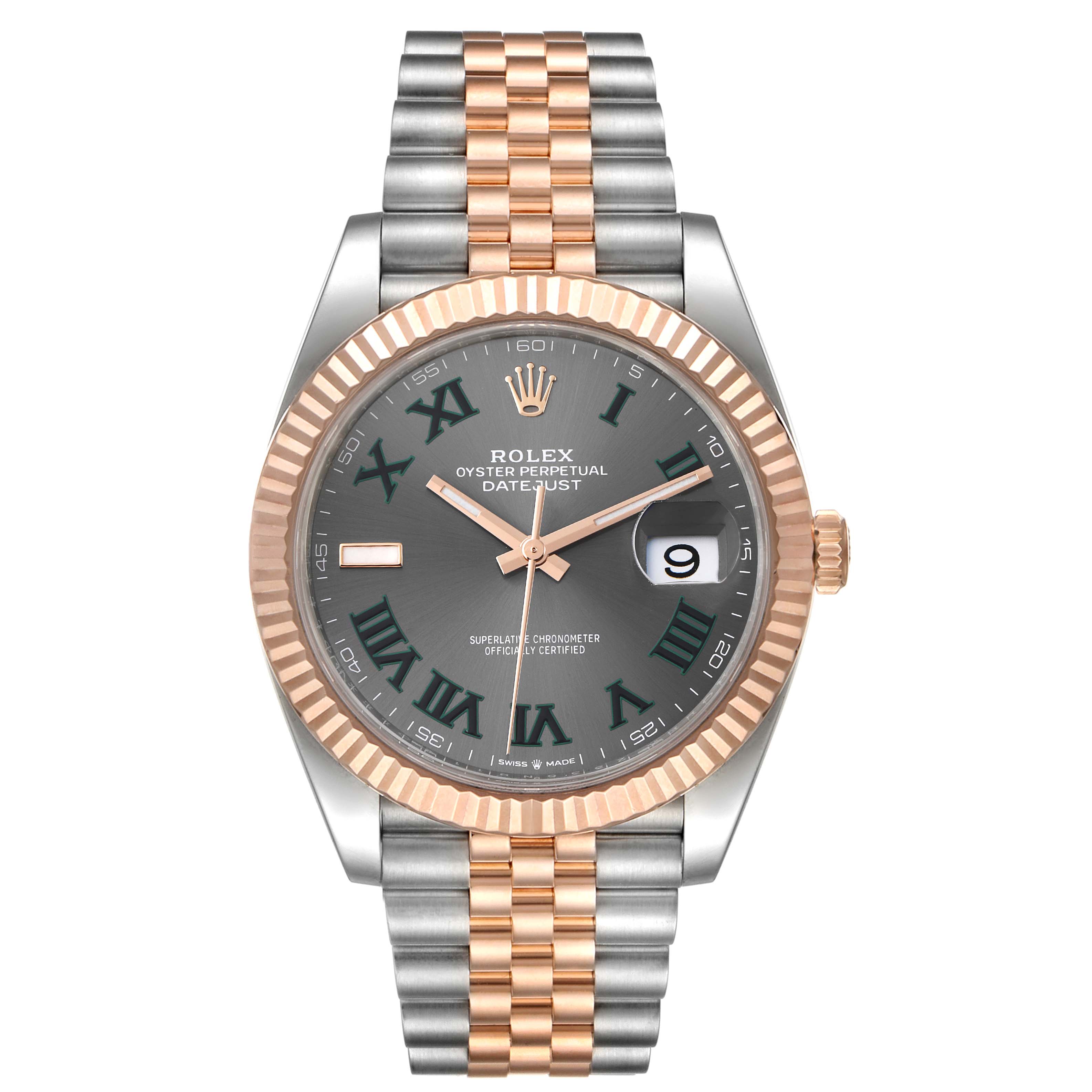 This image shows a front view of the Rolex Datejust 41 126331 Men's Steel and Gold (two tone) Grey Dial 126331 Men's Steel and Gold (two tone) Grey Dial watch, featuring a two-tone bracelet, fluted bezel, and date display.
