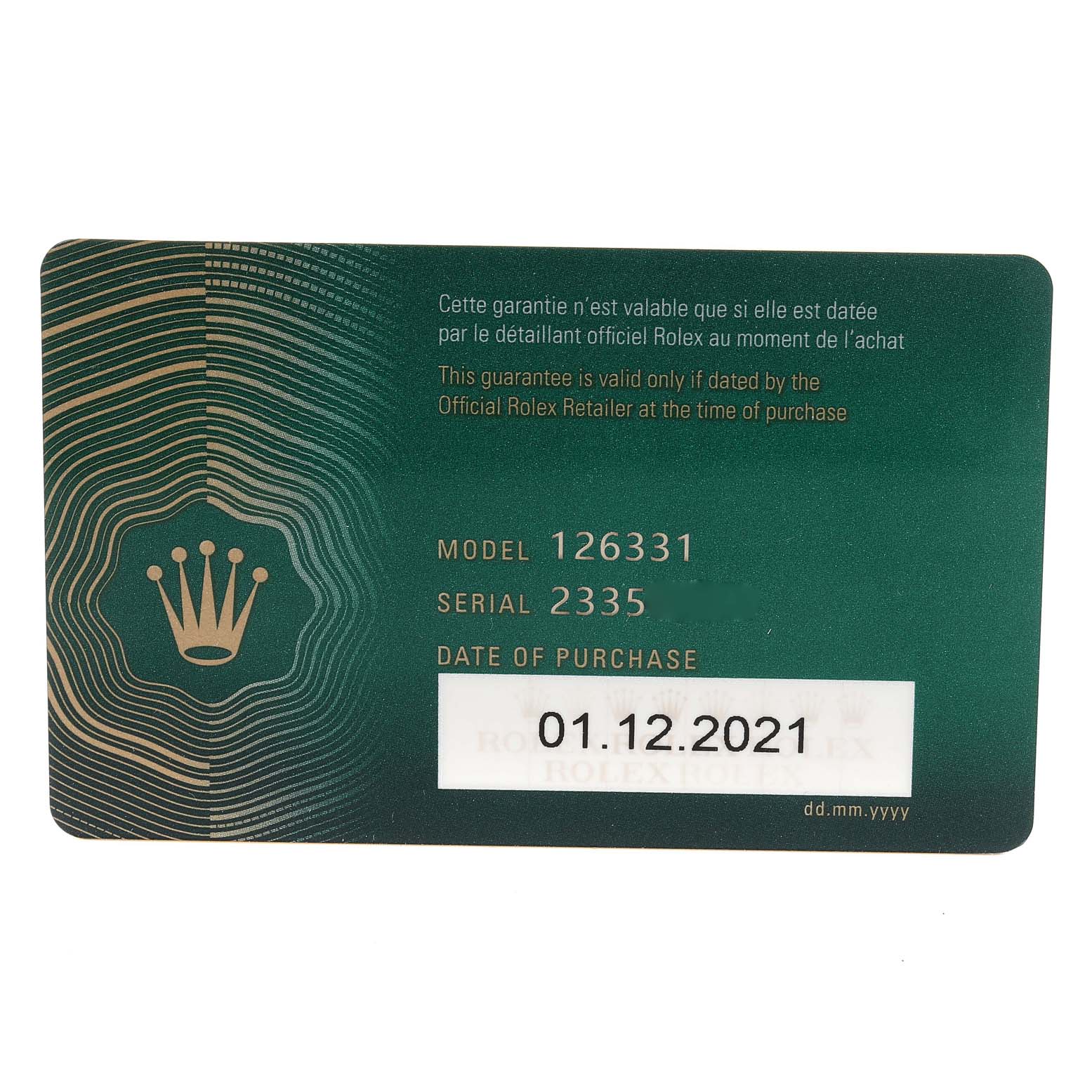 This is the warranty card for a Rolex Datejust 41 126331 Men's Steel and Gold (two tone) Grey Dial 126331 Men's Steel and Gold (two tone) Grey Dial model, showing the model number, serial number, and purchase date.