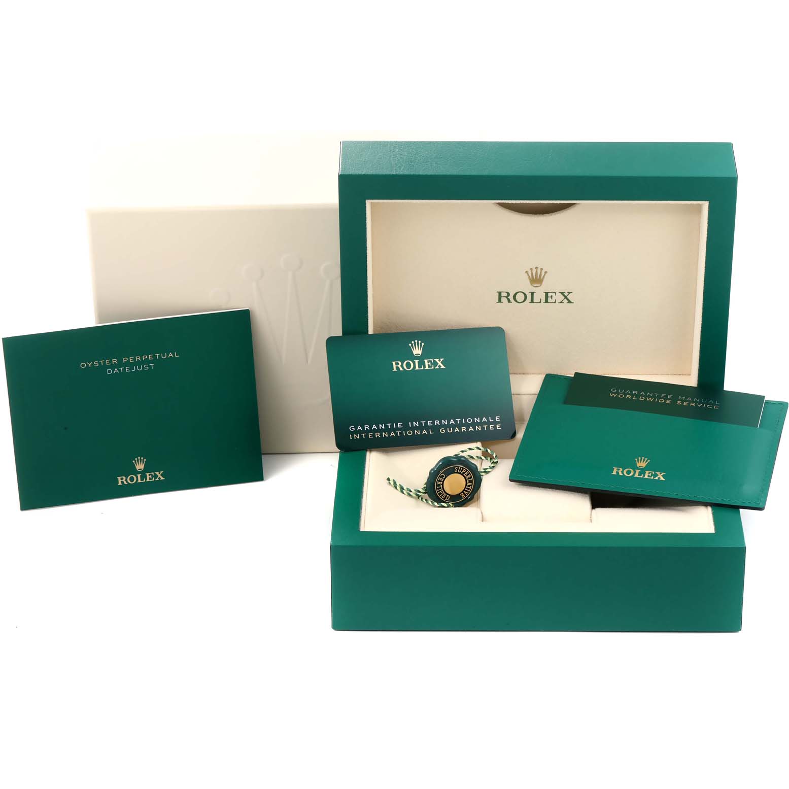 The image shows the packaging, international guarantee card, manuals, and tags for a Rolex Datejust 41 126331 Men's Steel and Gold (two tone) Grey Dial 126331 Men's Steel and Gold (two tone) Grey Dial watch.