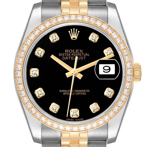 Photo of Rolex Datejust Black Dial Steel Yellow Gold Diamond Mens Watch 116243