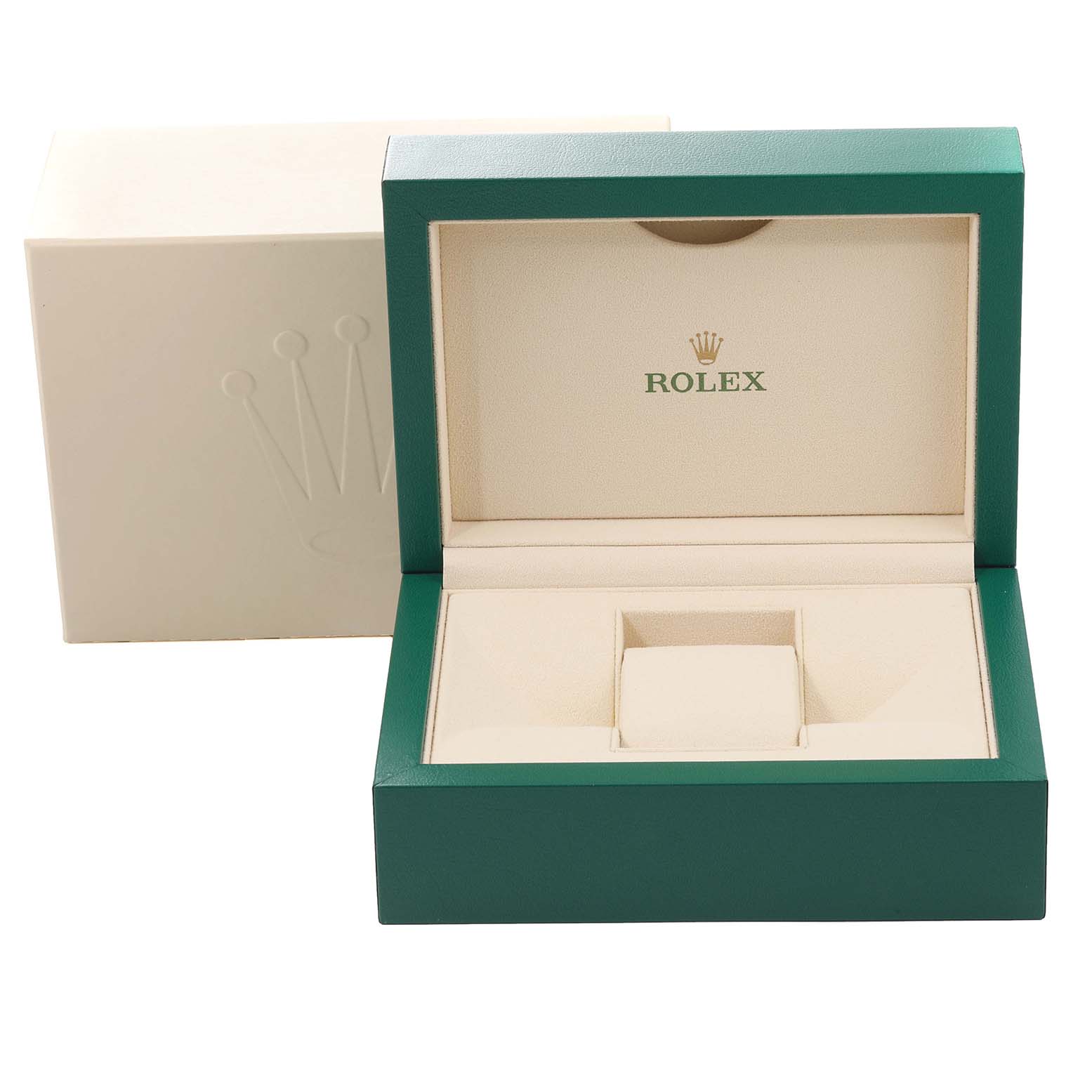 The image shows an open Rolex Datejust 116243 Men's Steel and Gold (two tone) Black Dial 116243 Men's Steel and Gold (two tone) Black Dial watch box with green exterior and beige interior from a front angle.