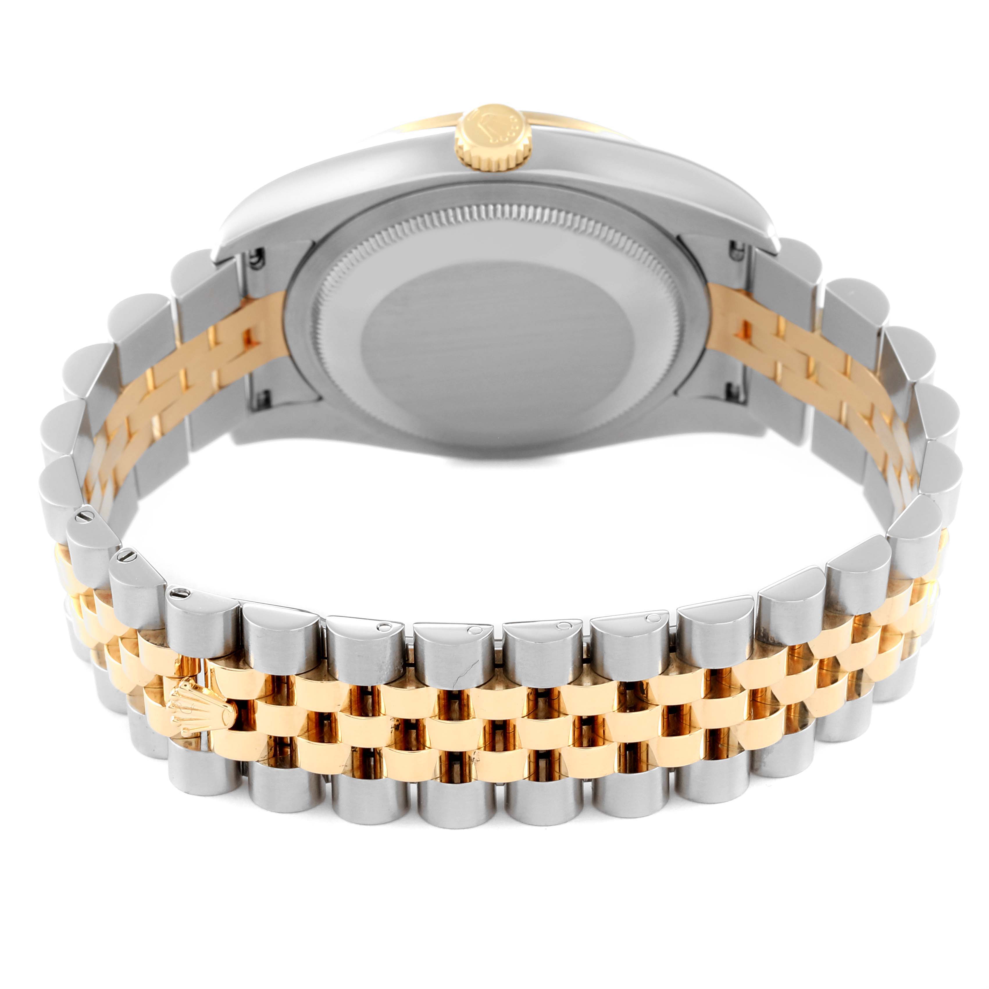 This is a rear view of a Rolex Datejust 116243 Men's Steel and Gold (two tone) Black Dial 116243 Men's Steel and Gold (two tone) Black Dial watch focusing on its bracelet, clasp, and case back.