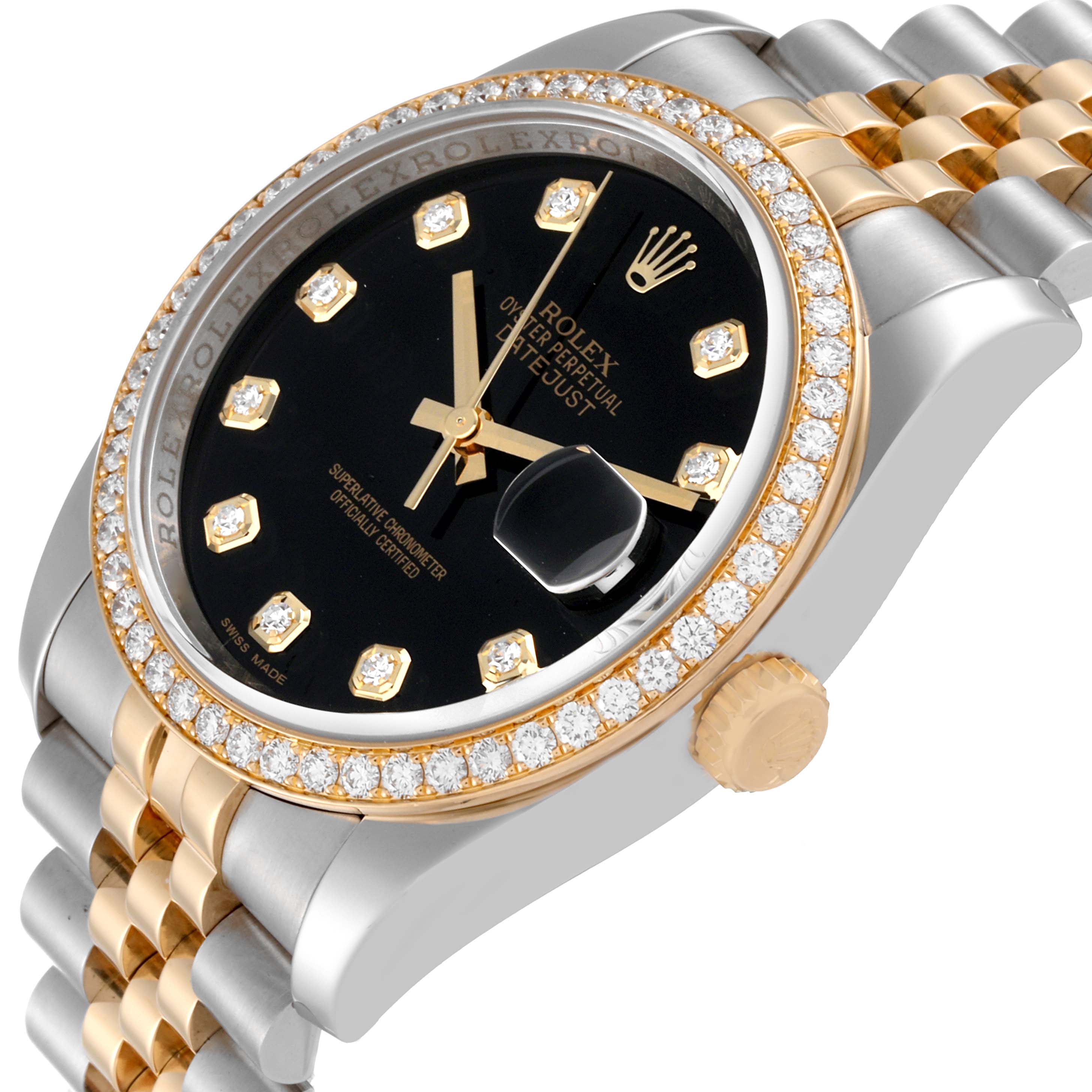 This Rolex Datejust 116243 Men's Steel and Gold (two tone) Black Dial 116243 Men's Steel and Gold (two tone) Black Dial watch is shown at an oblique angle, featuring its bezel, dial, crown, and part of the bracelet.