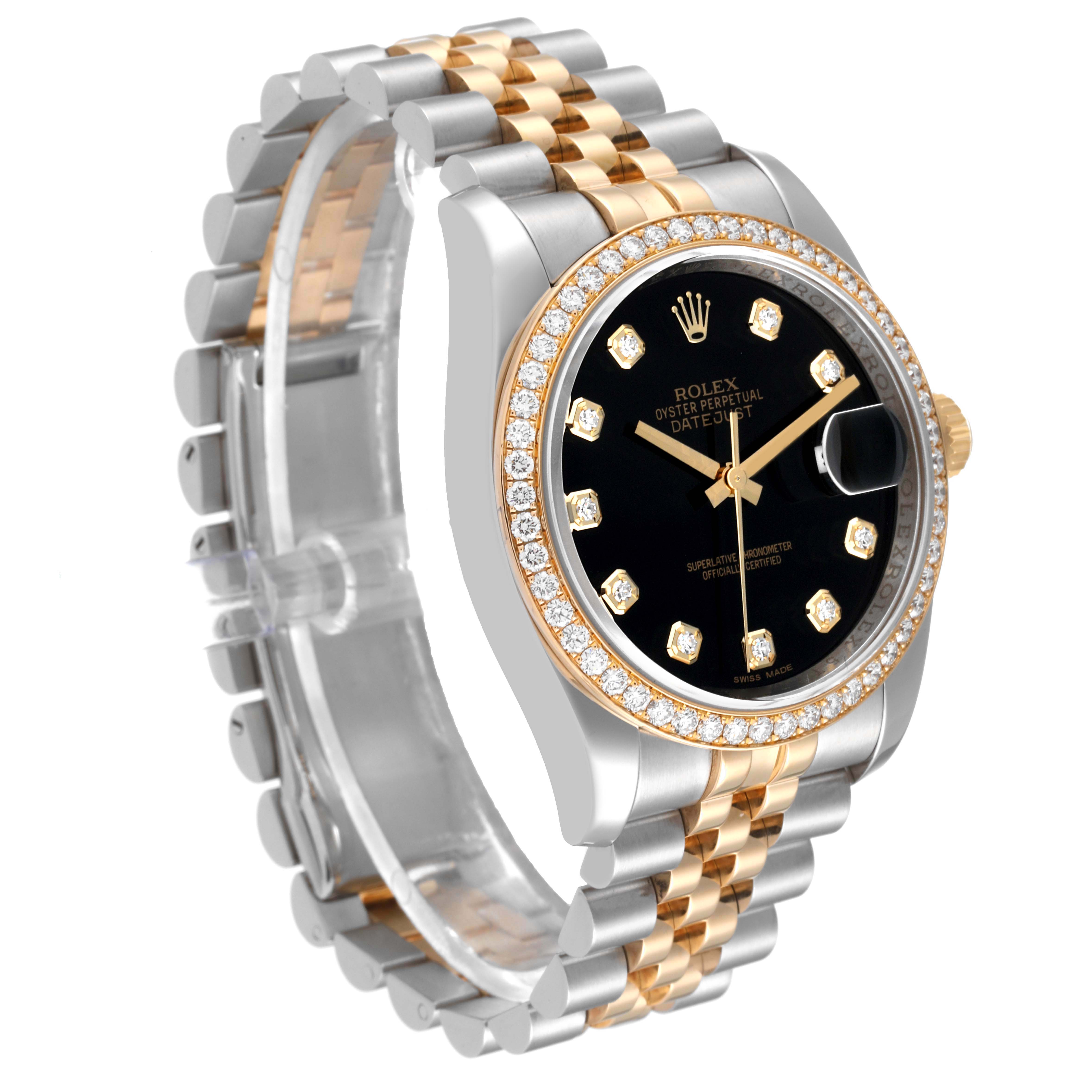 The image shows a Rolex Datejust 116243 Men's Steel and Gold (two tone) Black Dial 116243 Men's Steel and Gold (two tone) Black Dial watch at an angle highlighting the watch face, bezel, and bracelet.