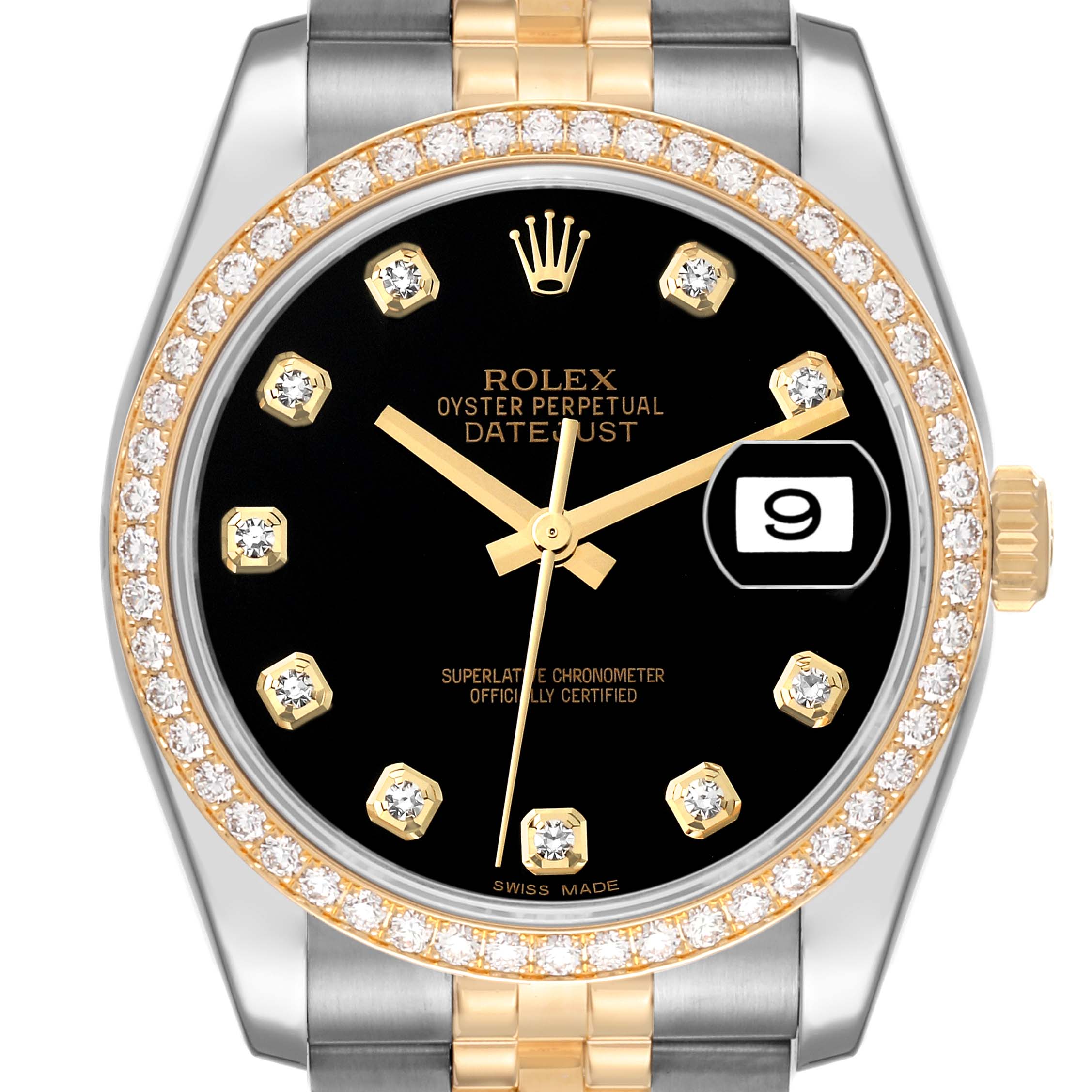 This image shows the face of the Rolex Datejust 116243 Men's Steel and Gold (two tone) Black Dial 116243 Men's Steel and Gold (two tone) Black Dial watch, highlighting its black dial, diamond hour markers, and date window at 3 o'clock.