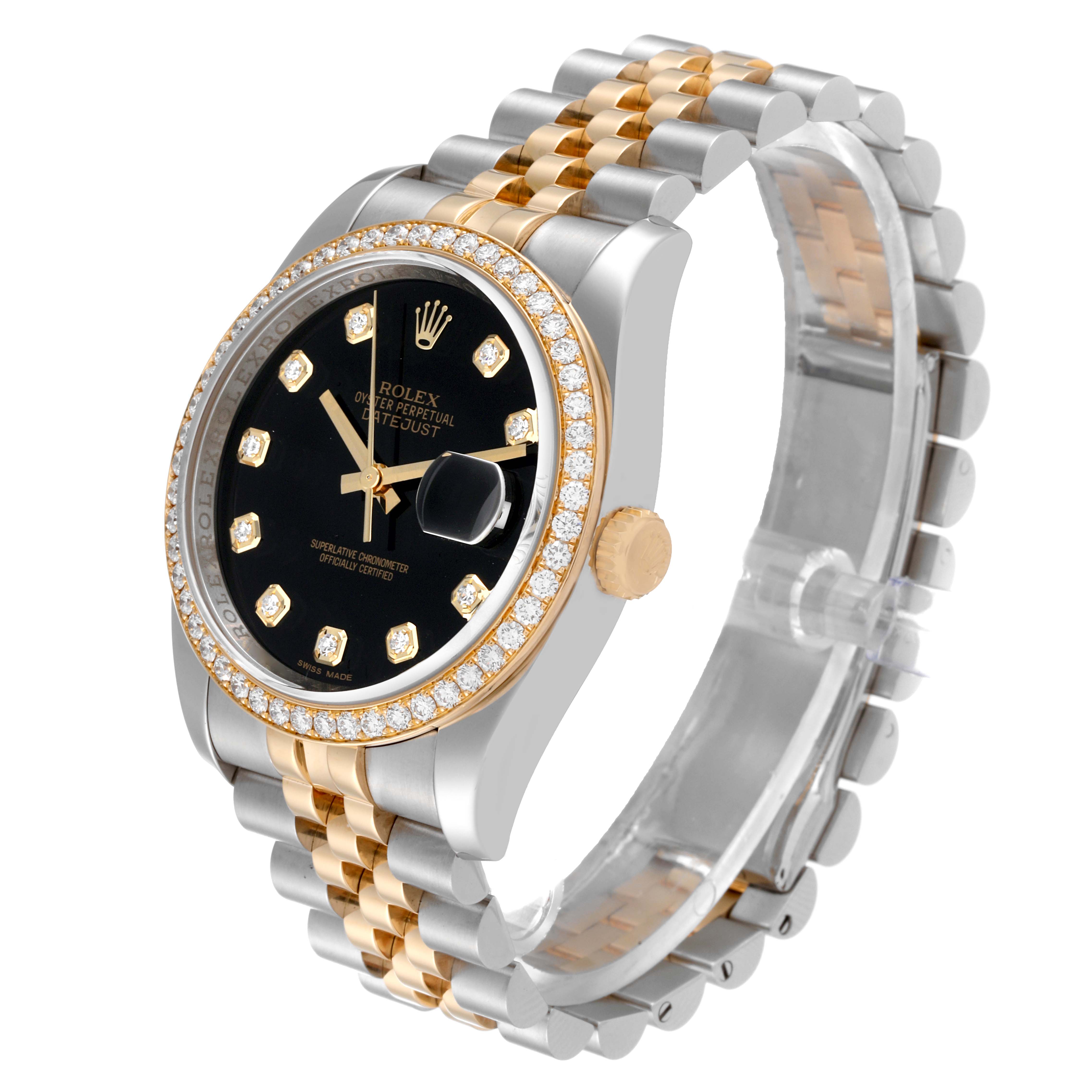 The image shows a Rolex Datejust 116243 Men's Steel and Gold (two tone) Black Dial 116243 Men's Steel and Gold (two tone) Black Dial model at a slight angle, highlighting the black dial, diamond bezel, and two-tone bracelet.