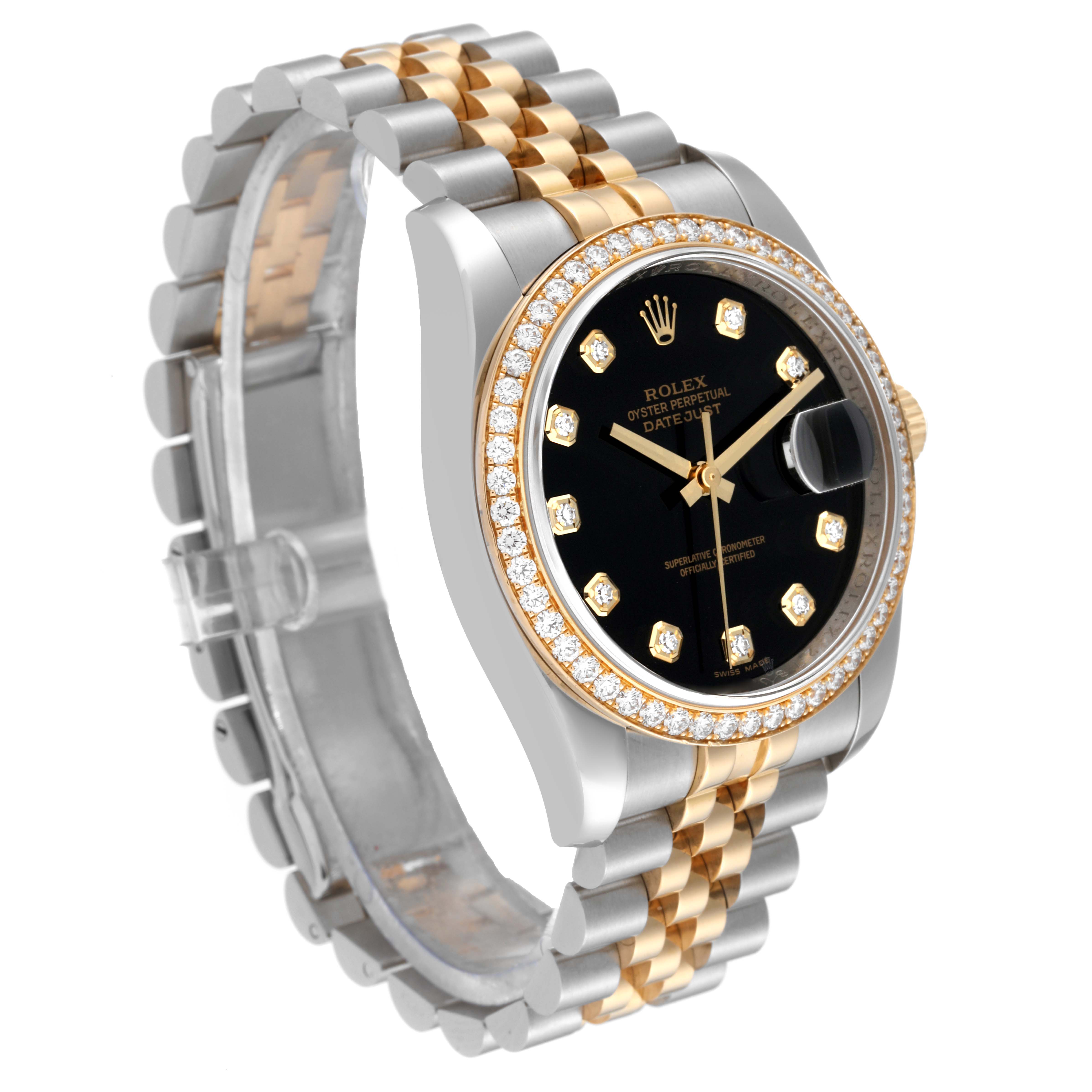 The image shows a Rolex Datejust 116243 Men's Steel and Gold (two tone) Black Dial 116243 Men's Steel and Gold (two tone) Black Dial watch from a front angle, highlighting its gold and silver bracelet, black dial, and diamond-studded bezel.