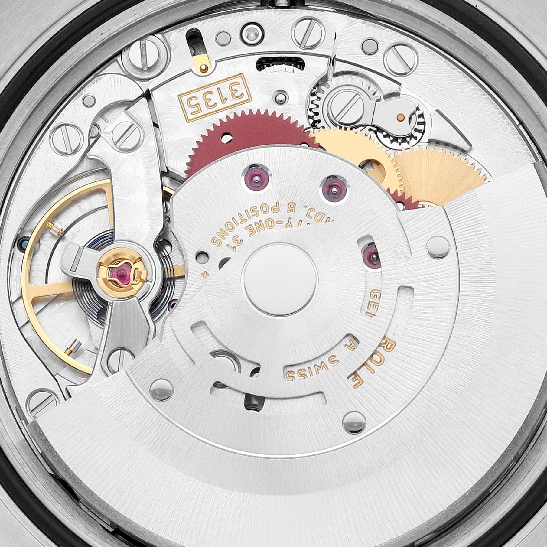 The image shows the internal mechanism and movement parts of a Rolex Datejust 116243 Men's Steel and Gold (two tone) Black Dial 116243 Men's Steel and Gold (two tone) Black Dial watch, captured from a close-up angle.