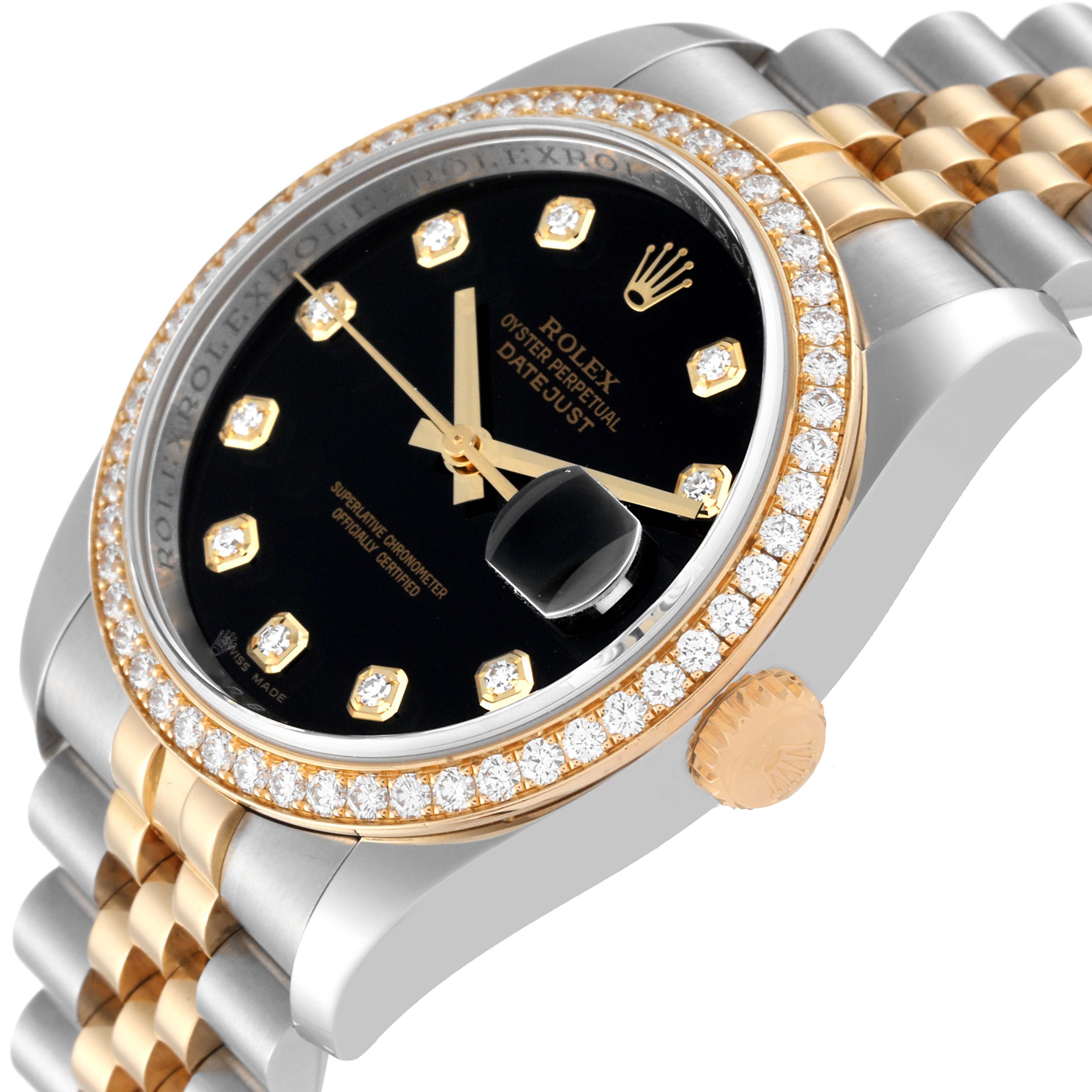 This image shows a close-up angle of the Rolex Datejust 116243 Men's Steel and Gold (two tone) Black Dial 116243 Men's Steel and Gold (two tone) Black Dial watch, highlighting its bezel, crown, and partial bracelet.