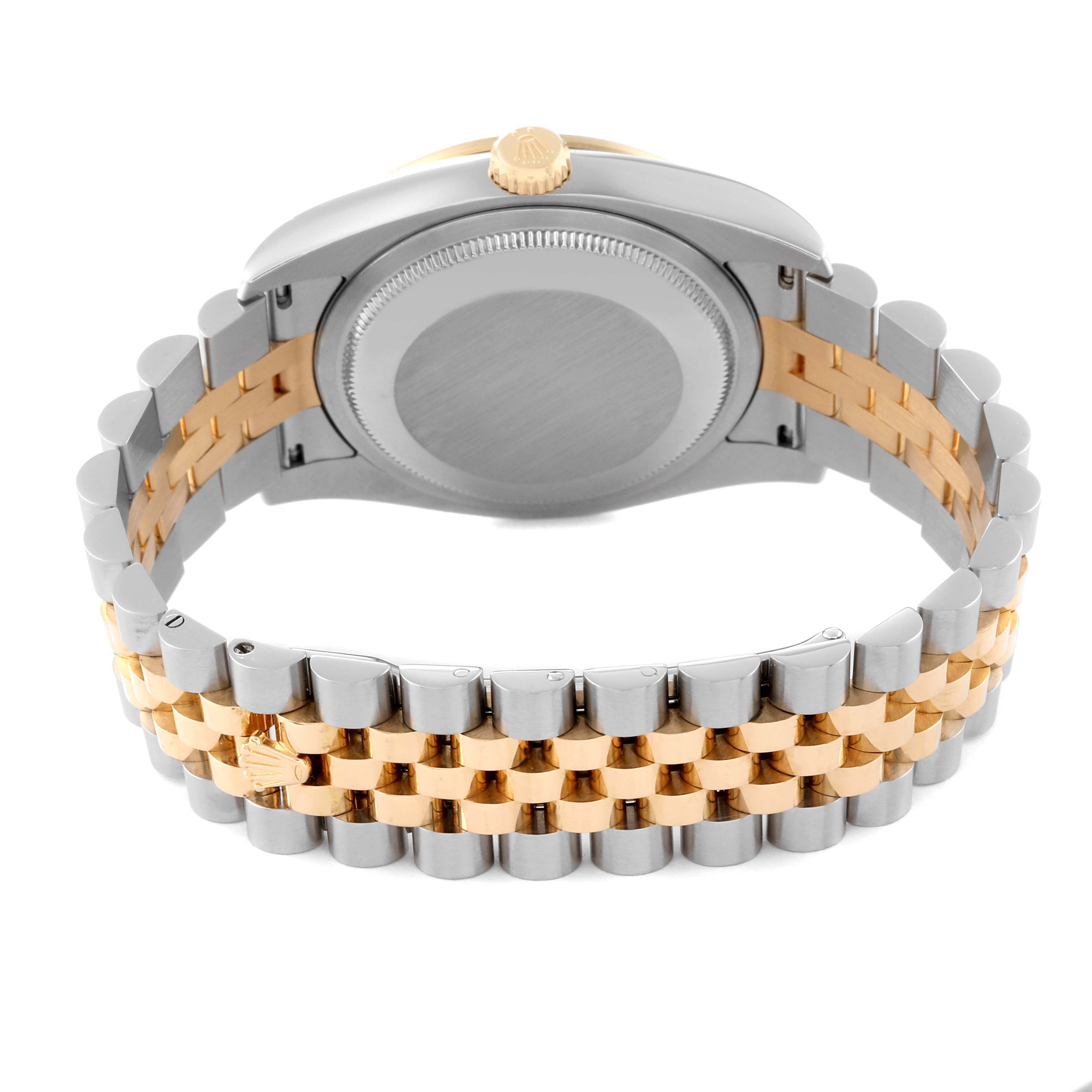 This image shows the back case and two-tone bracelet of a Rolex Datejust 116243 Men's Steel and Gold (two tone) Black Dial 116243 Men's Steel and Gold (two tone) Black Dial watch from a rear angle.