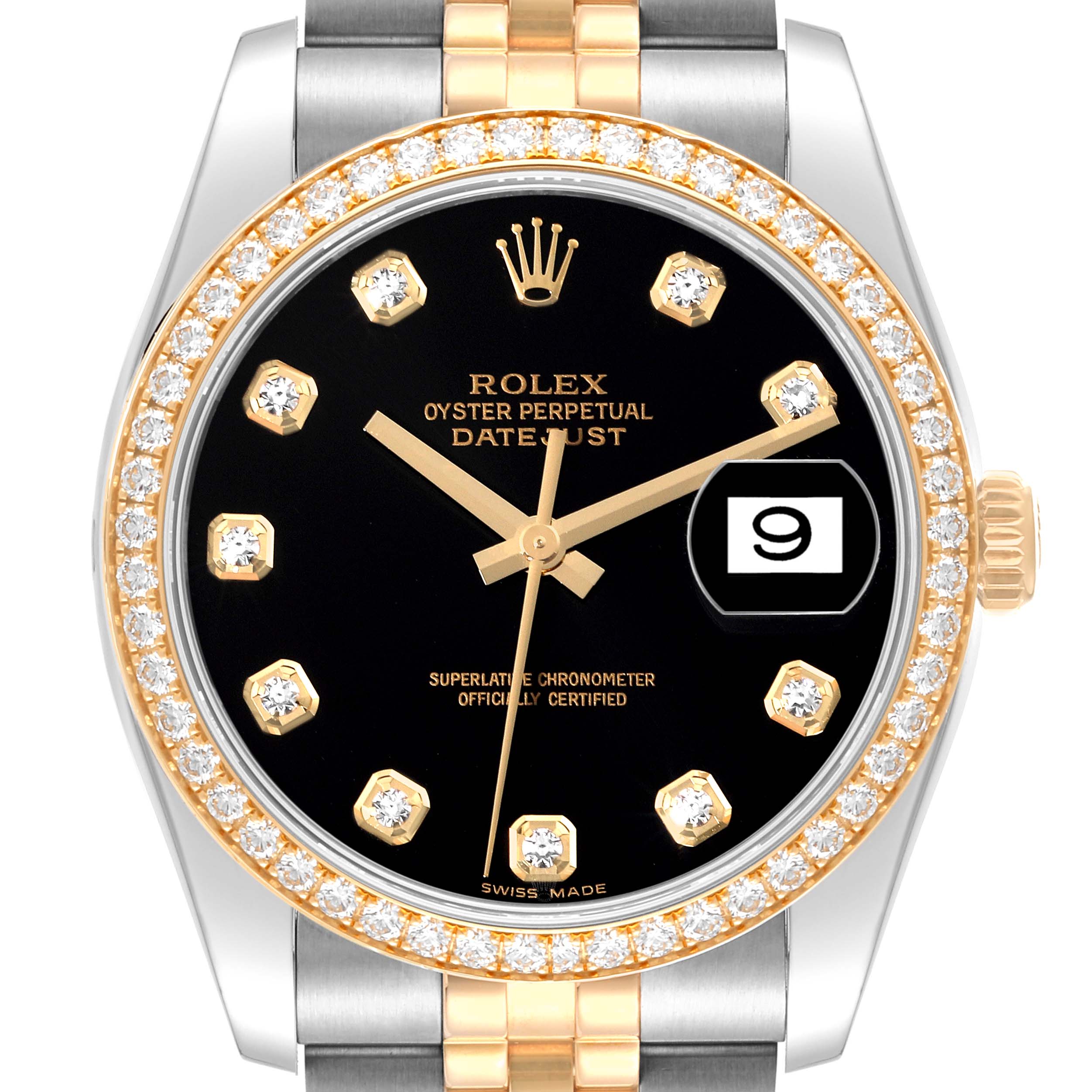 The image shows a front view of a Rolex Datejust 116243 Men's Steel and Gold (two tone) Black Dial 116243 Men's Steel and Gold (two tone) Black Dial watch, highlighting its black dial, diamond-encrusted bezel, and two-tone bracelet.