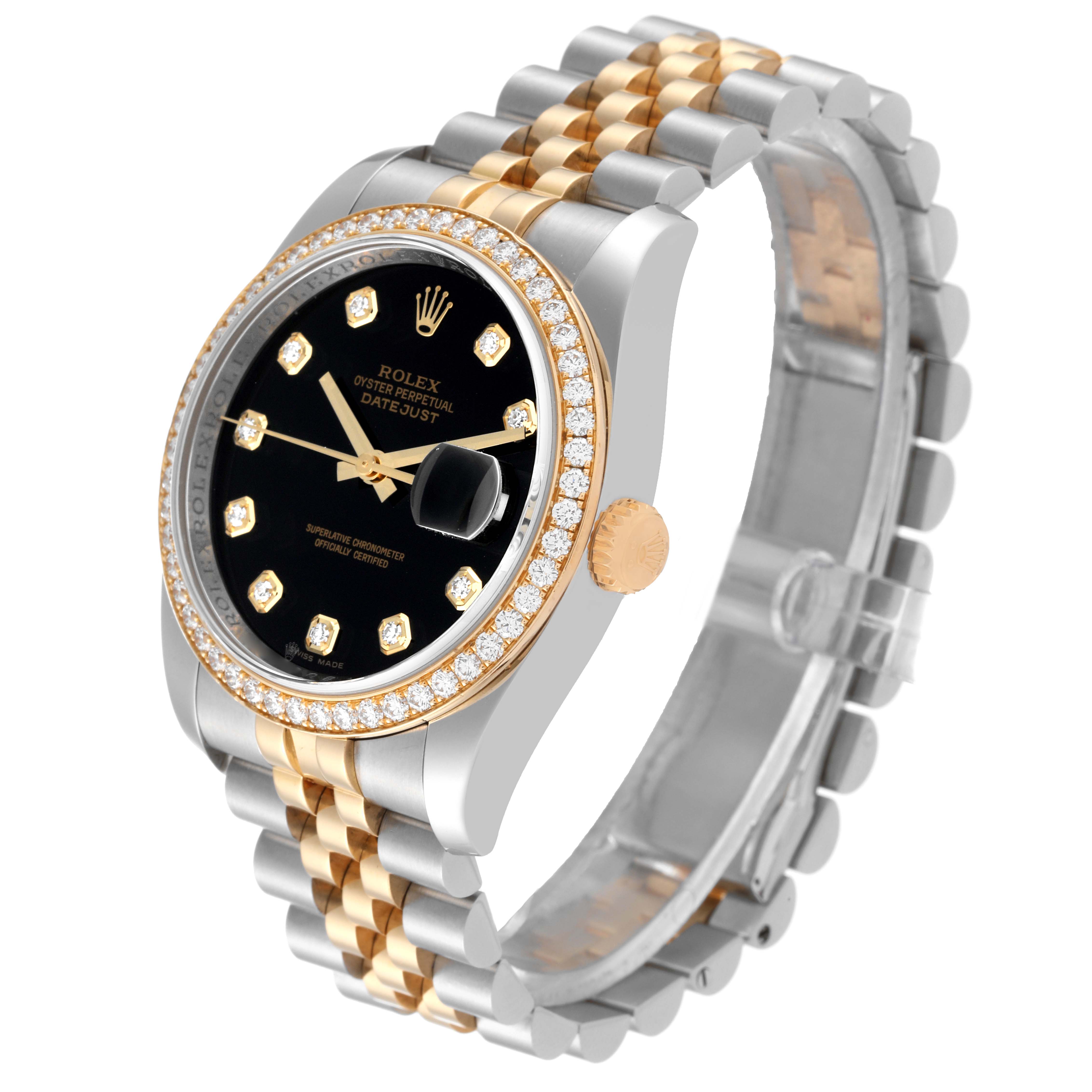 The Rolex Datejust 116243 Men's Steel and Gold (two tone) Black Dial 116243 Men's Steel and Gold (two tone) Black Dial watch is shown at a slight angle from the front and side, highlighting its face, bezel, bracelet, and crown.