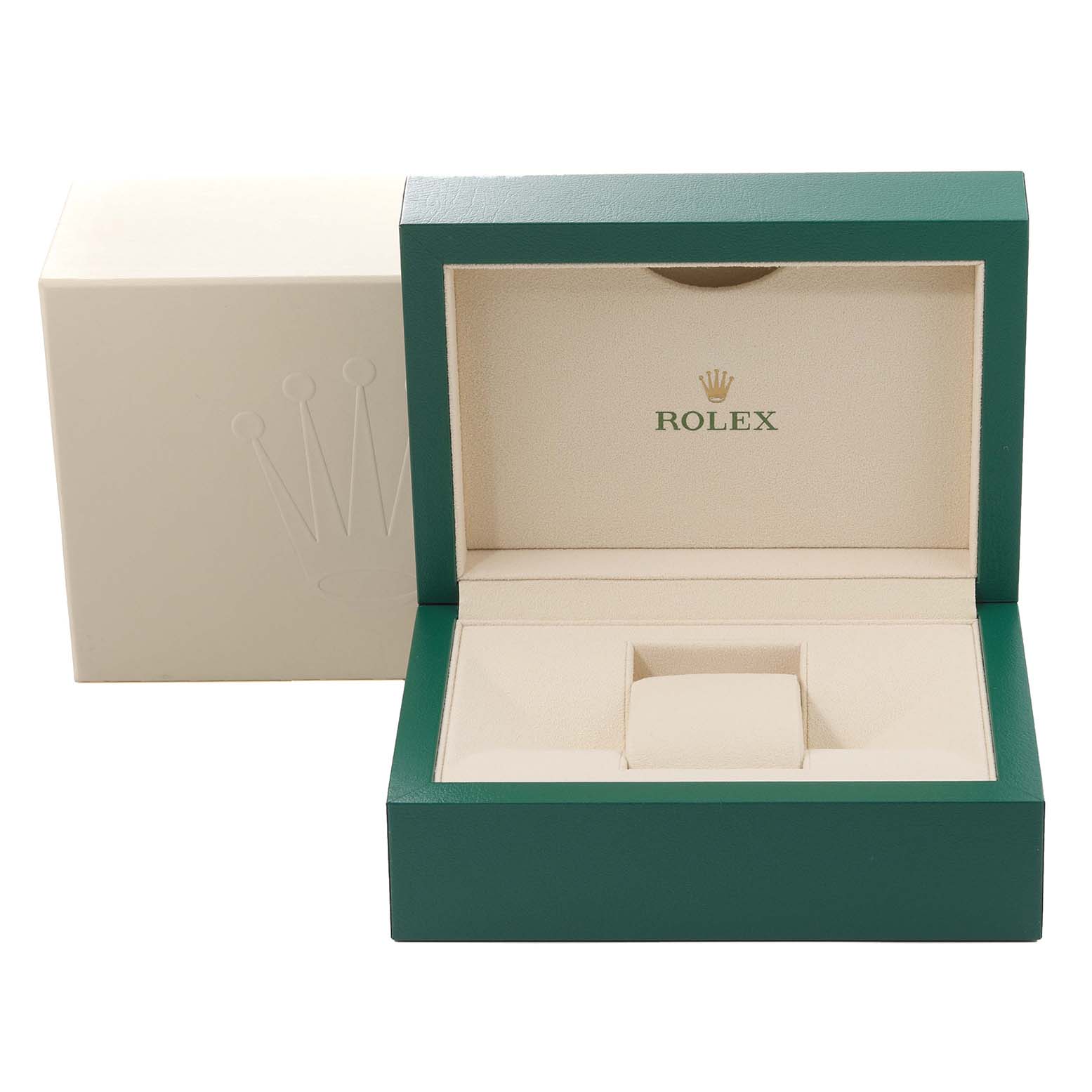 The image shows an open green and beige Rolex watch box for the Datejust model, with the outer box partially visible.