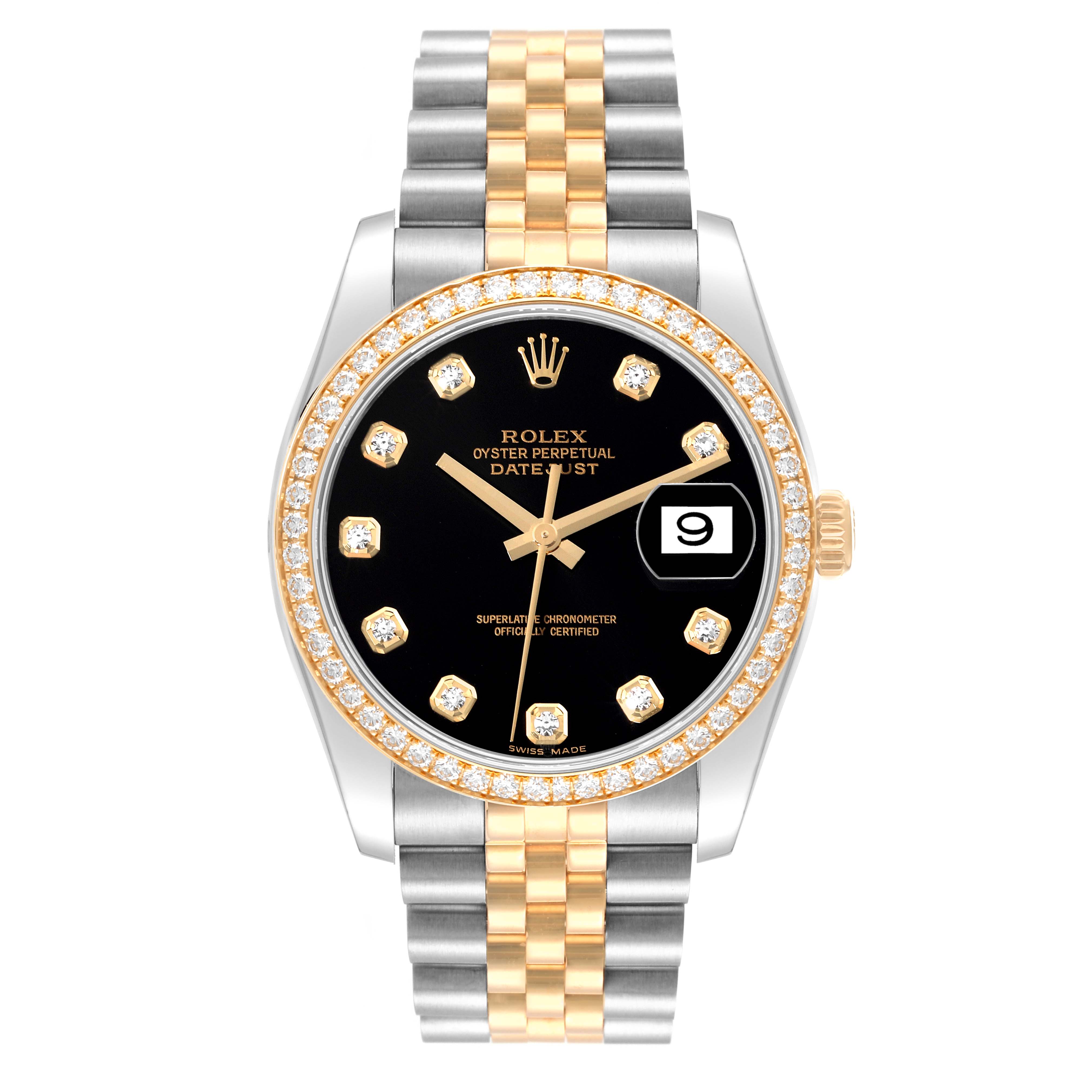 The Rolex Datejust 116243 Men's Steel and Gold (two tone) Black Dial 116243 Men's Steel and Gold (two tone) Black Dial watch is shown from a top-down angle, highlighting its black dial, diamond markers, and two-tone jubilee bracelet.