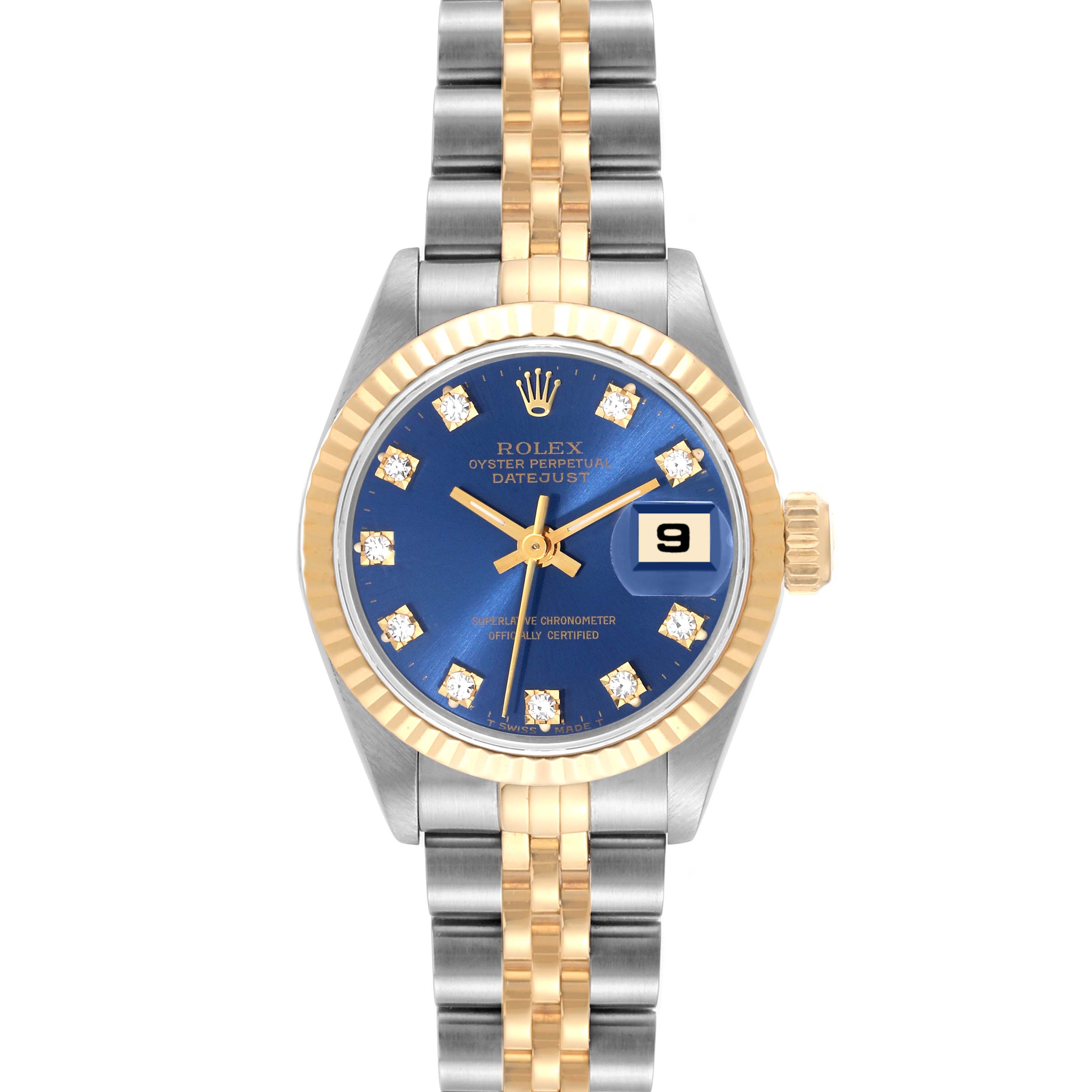 The image shows a frontal view of a Rolex Datejust 69173 Women's Steel and Gold (two tone) Blue Dial 69173 Women's Steel and Gold (two tone) Blue Dial watch with a blue dial, diamond markers, and a two-tone bracelet.