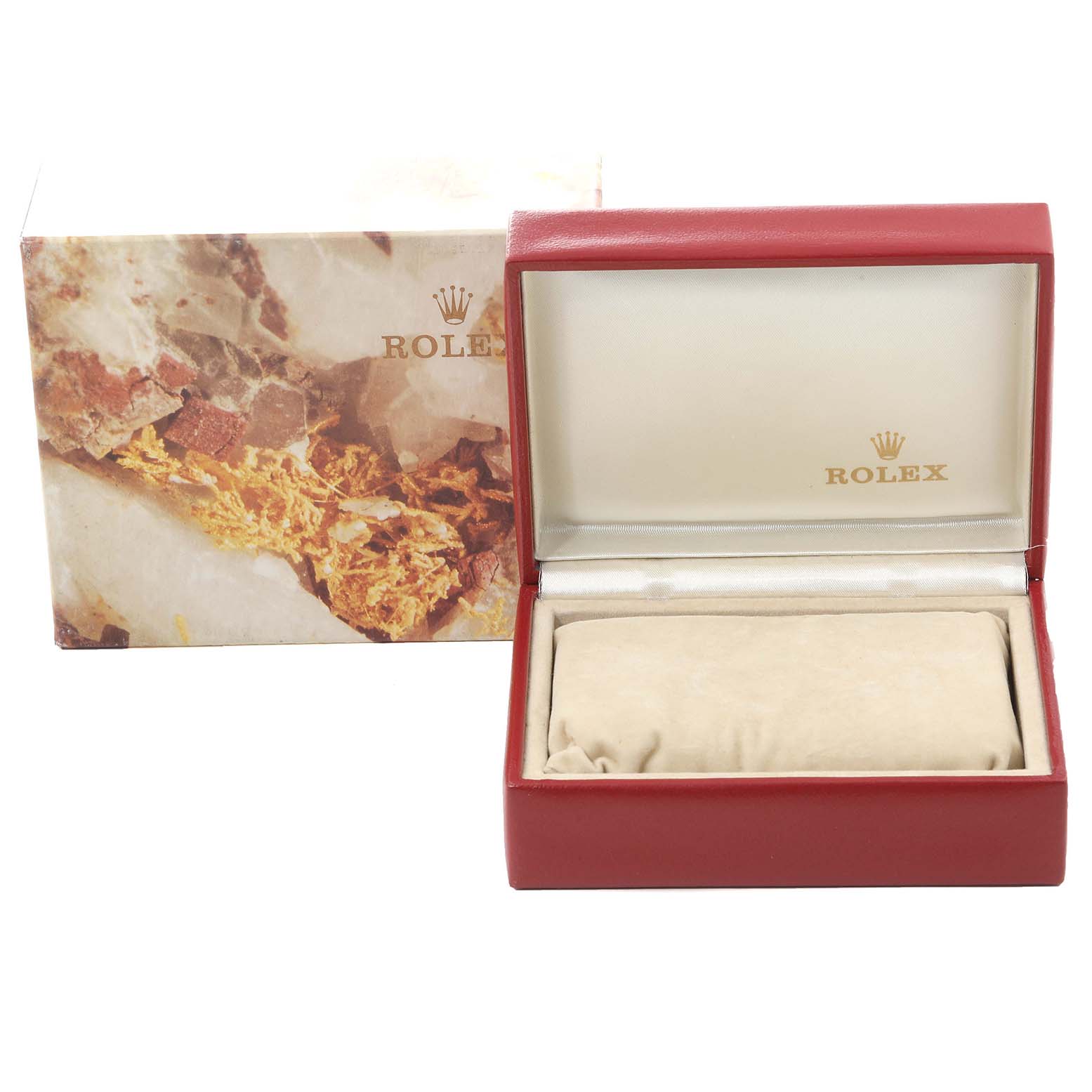 The image shows a red Rolex Datejust 69173 Women's Steel and Gold (two tone) Blue Dial 69173 Women's Steel and Gold (two tone) Blue Dial watch box and its outer decorative cardboard box.