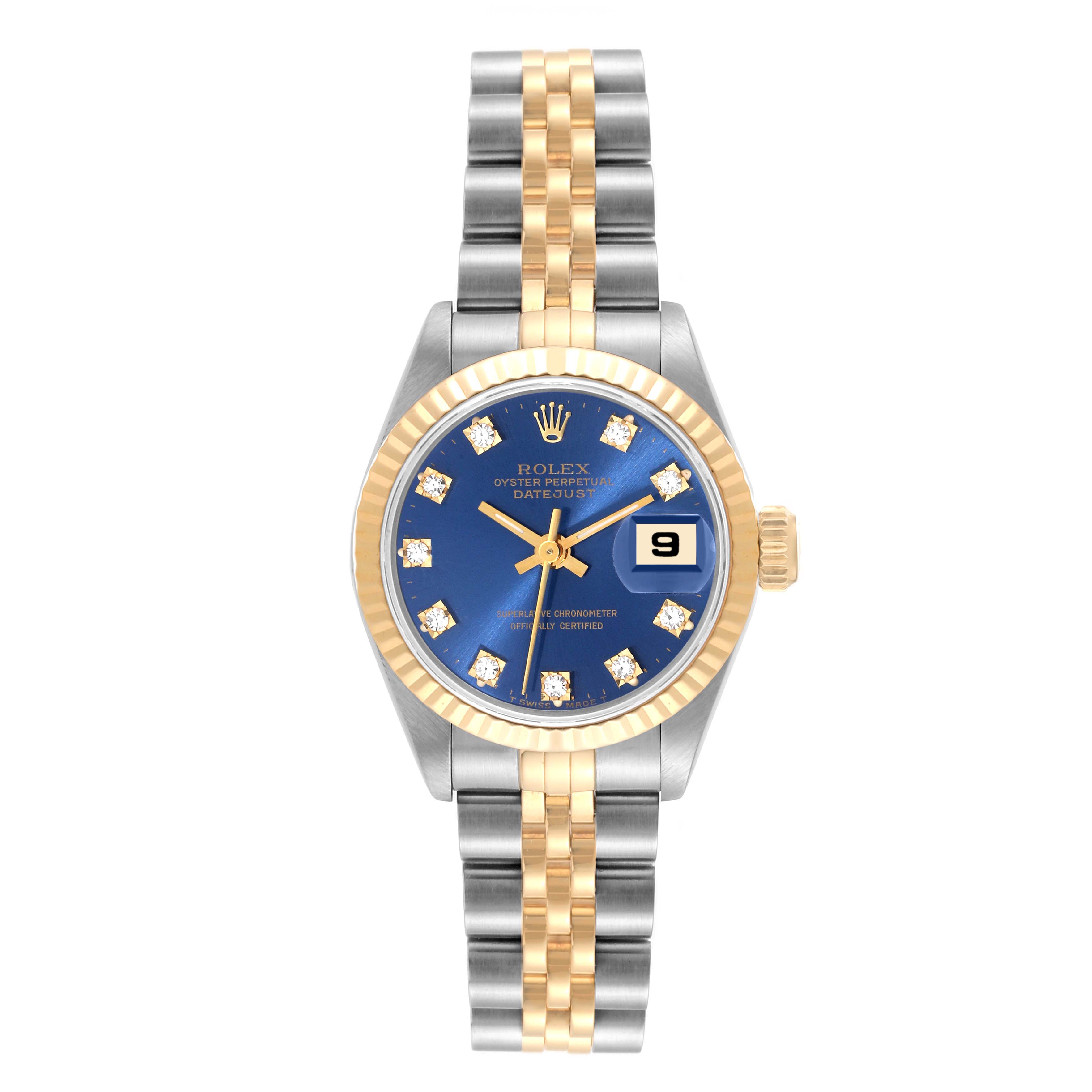 This image shows a Rolex Datejust 69173 Women's Steel and Gold (two tone) Blue Dial 69173 Women's Steel and Gold (two tone) Blue Dial watch with a blue dial, diamond indices, and a two-tone gold and stainless steel bracelet, captured from the front.