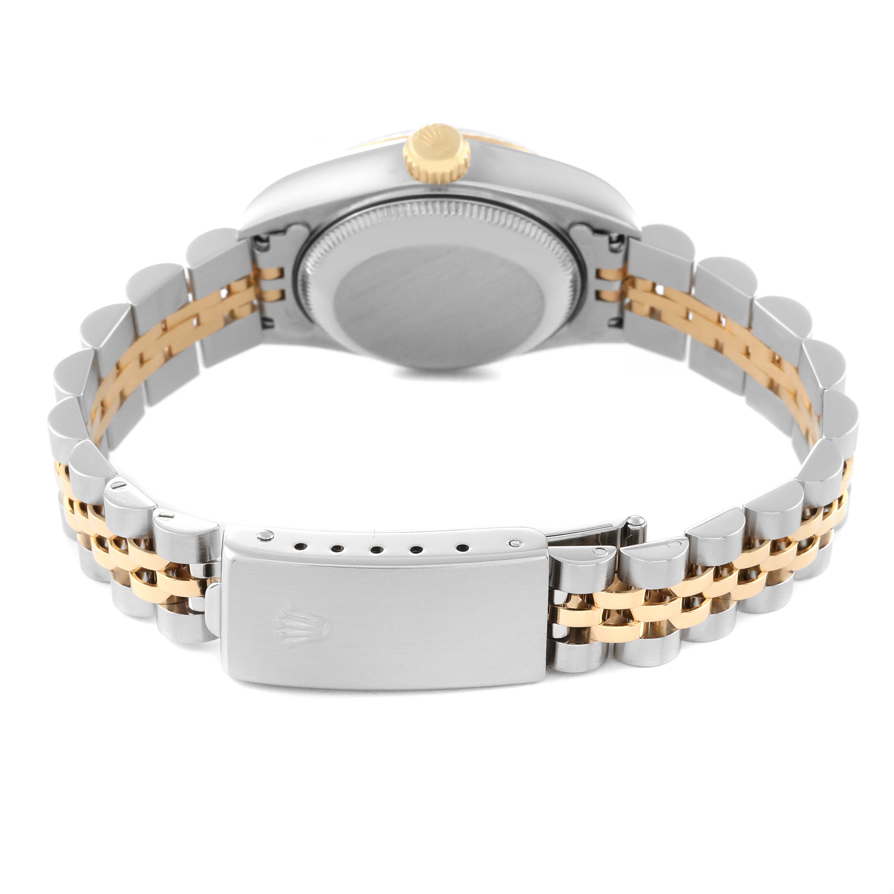 The image shows the back view of a Rolex Datejust 69173 Women's Steel and Gold (two tone) Blue Dial 69173 Women's Steel and Gold (two tone) Blue Dial watch, highlighting the clasp, bracelet, and caseback.