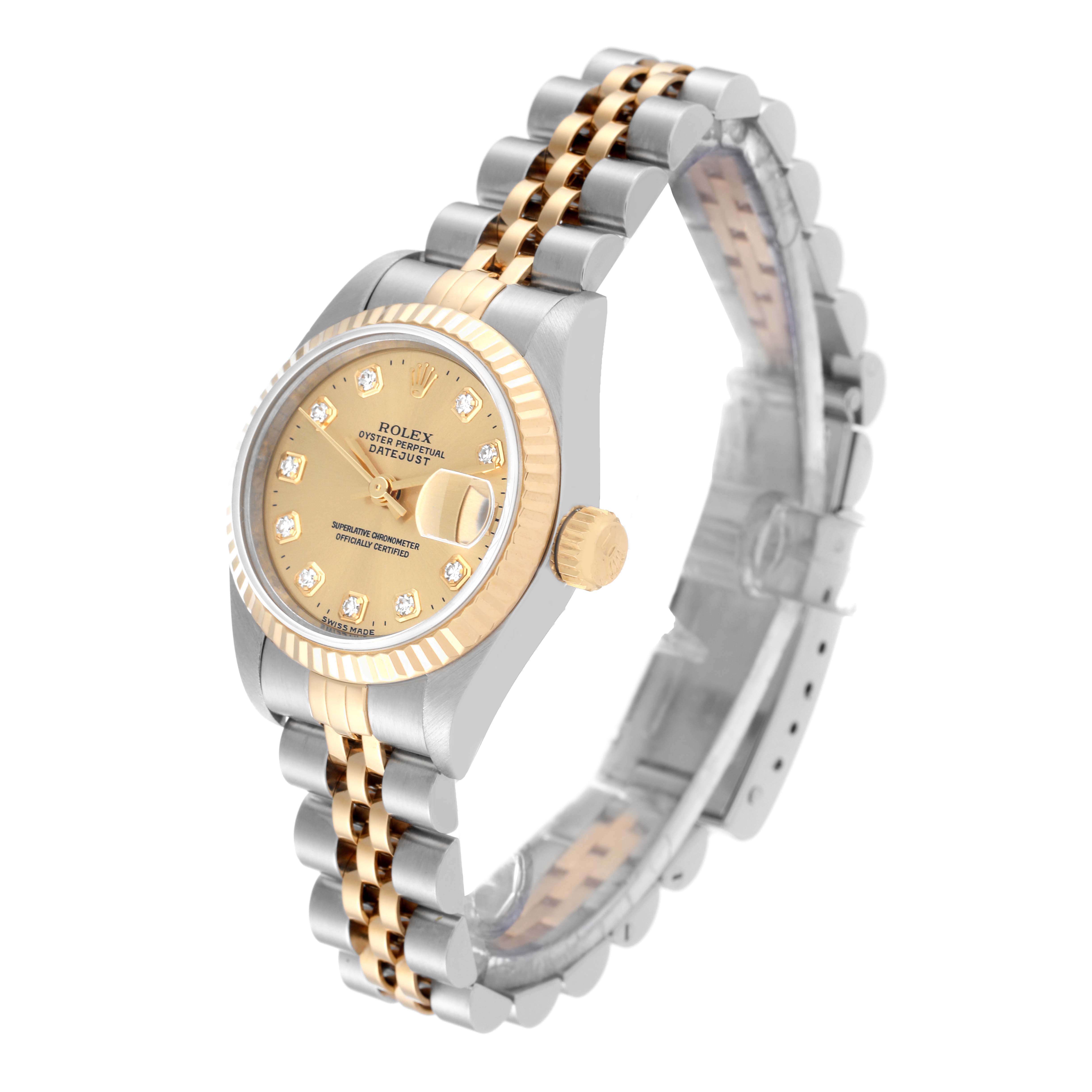 The image shows a Rolex Datejust 69173 Women's Steel and Gold (two tone) Champagne Dial 69173 Women's Steel and Gold (two tone) Champagne Dial watch at a three-quarter angle, highlighting the dial, bezel, crown, and two-tone bracelet.