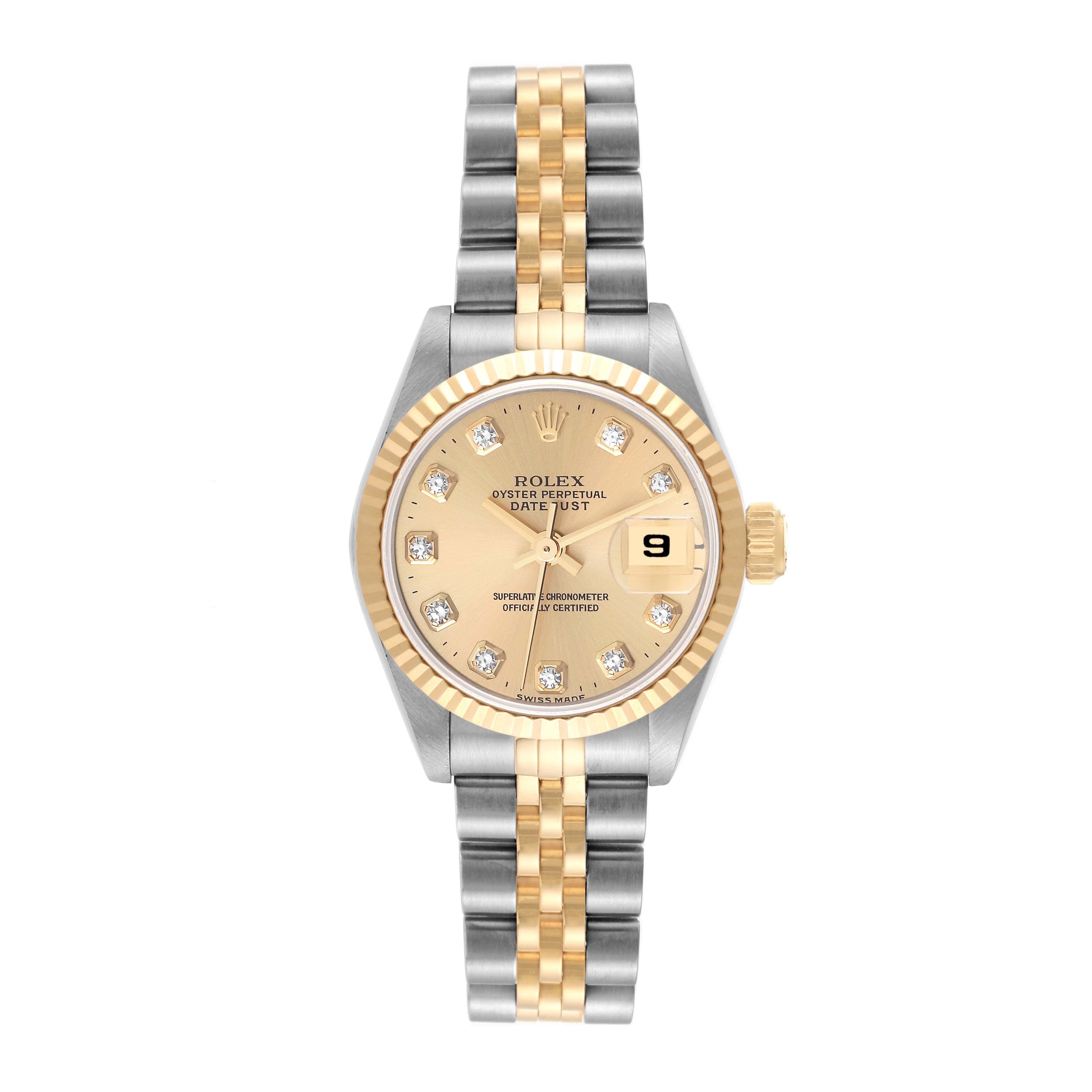 The Rolex Datejust 69173 Women's Steel and Gold (two tone) Champagne Dial 69173 Women's Steel and Gold (two tone) Champagne Dial watch is shown from a top-down angle, displaying its face, bezel, and bracelet.