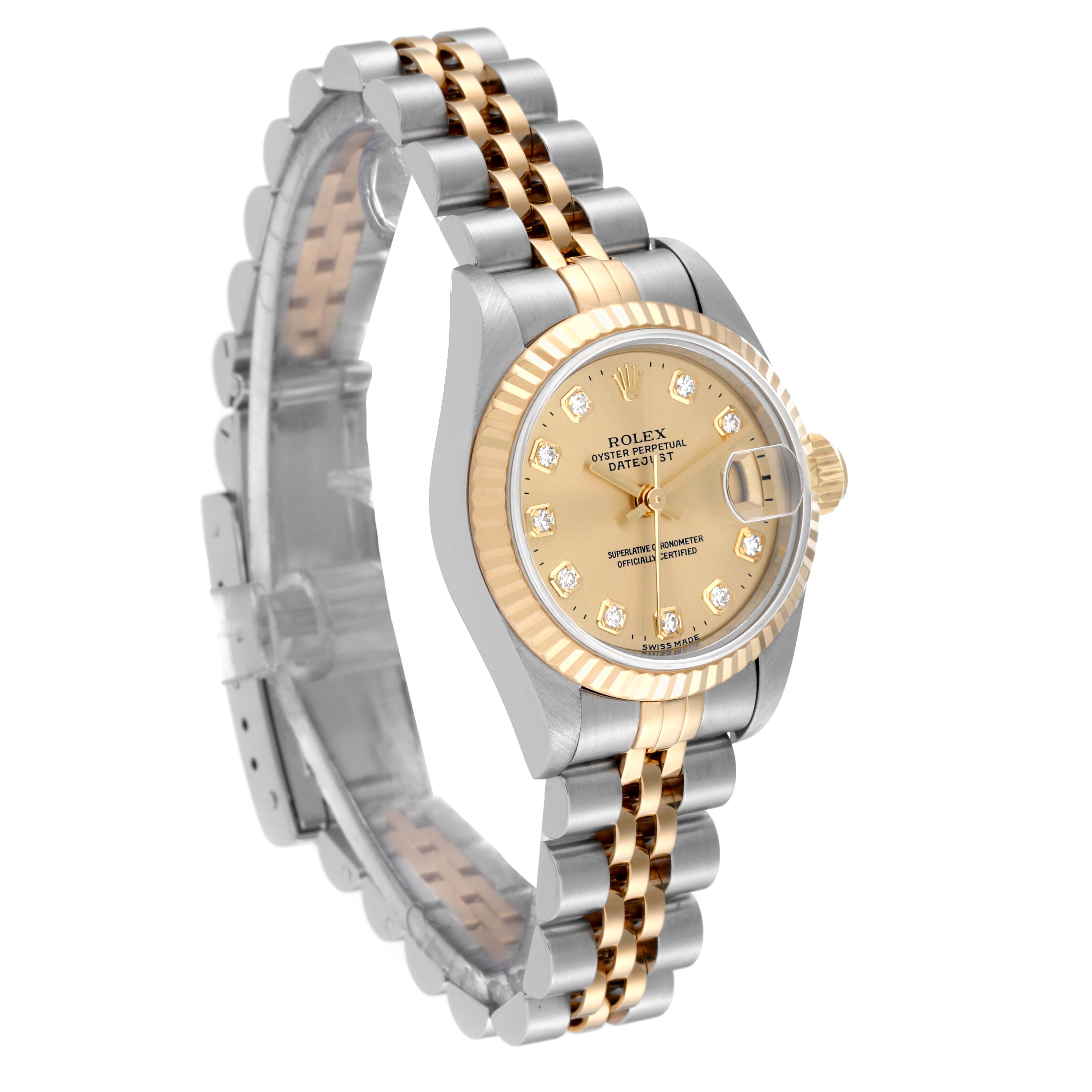 The Rolex Datejust 69173 Women's Steel and Gold (two tone) Champagne Dial 69173 Women's Steel and Gold (two tone) Champagne Dial watch is shown at a slight angle, displaying its gold and silver bracelet, diamond-accented face, and date magnifier.
