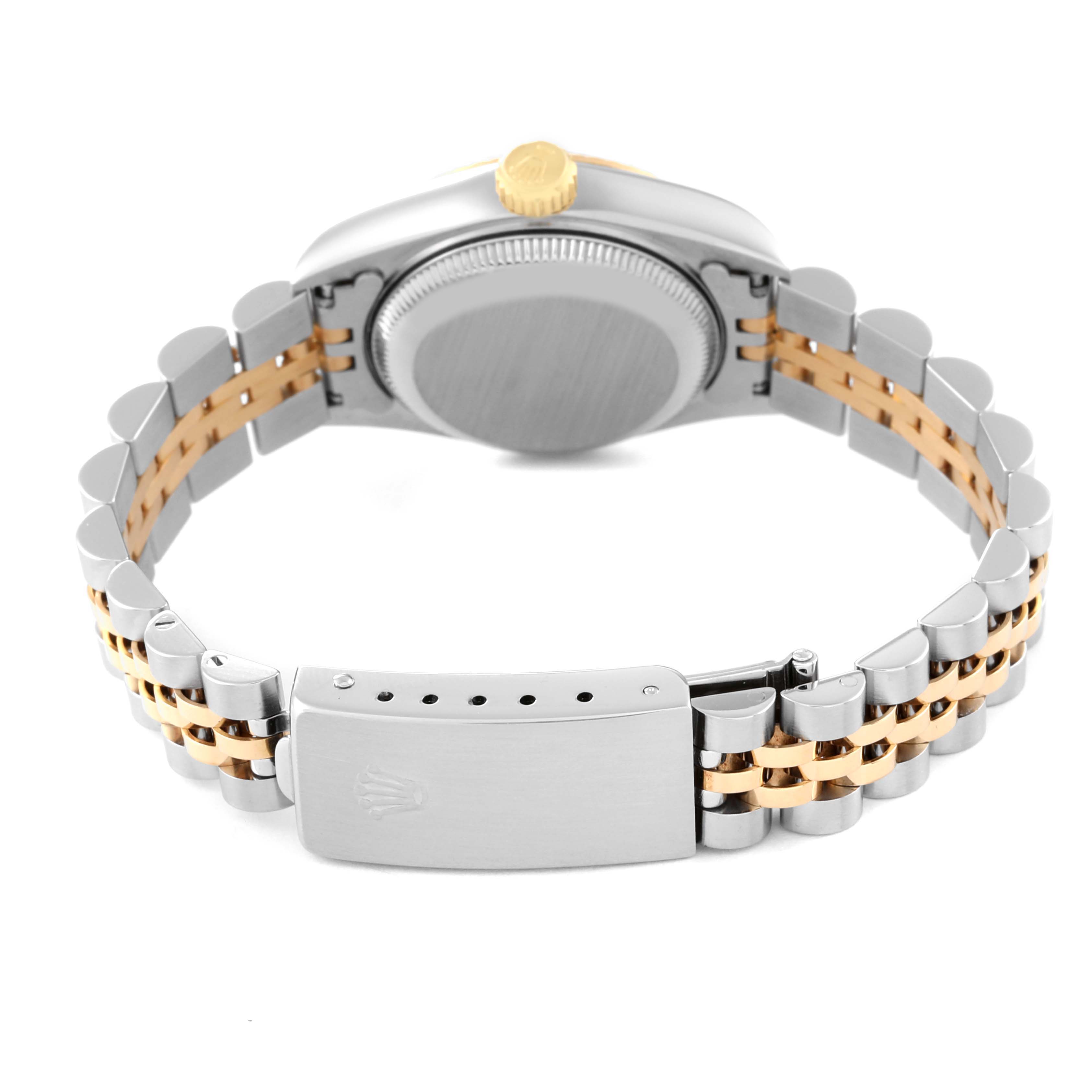 This image shows the case back, crown, and jubilee bracelet of a Rolex Datejust 69173 Women's Steel and Gold (two tone) Champagne Dial 69173 Women's Steel and Gold (two tone) Champagne Dial watch from a rear angle.