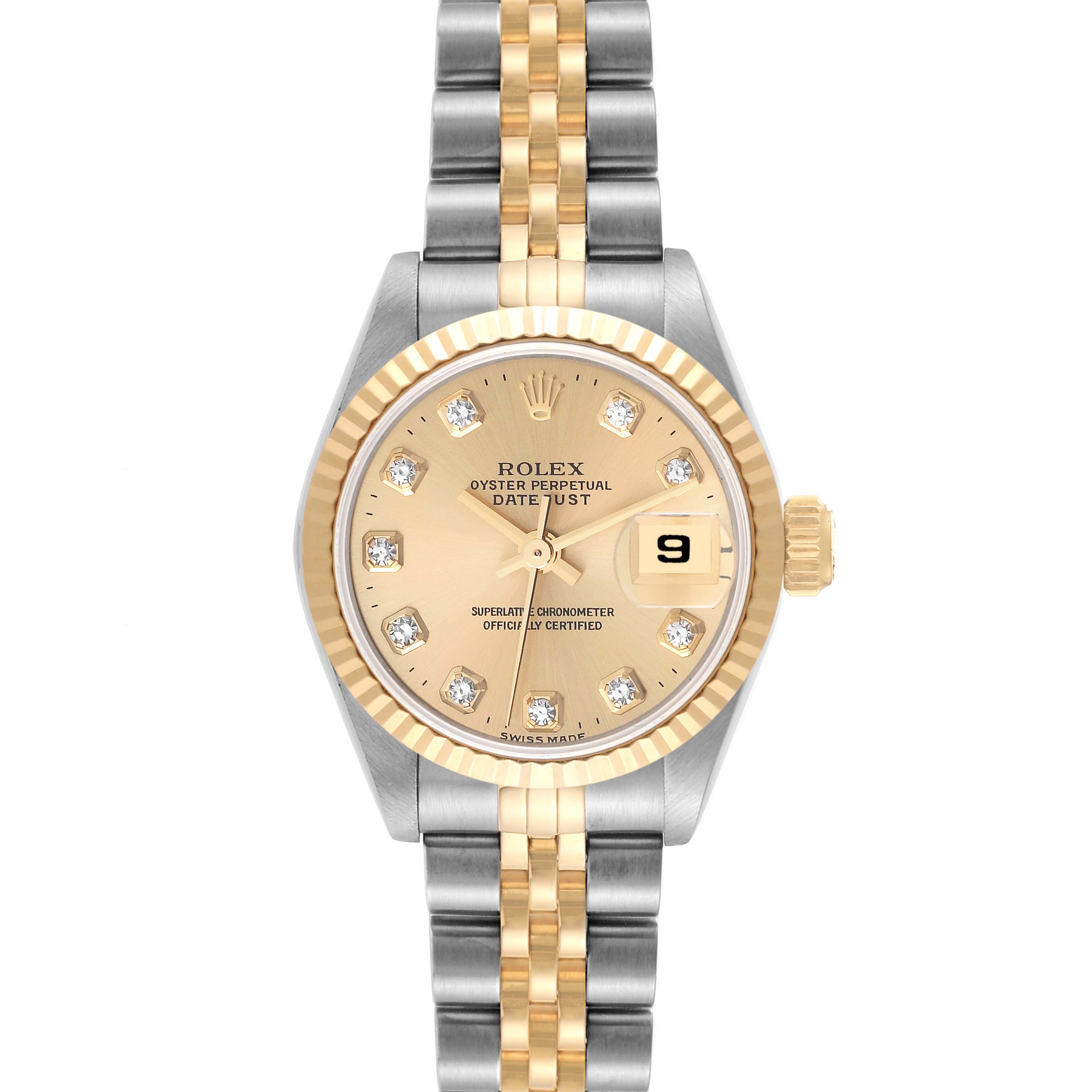 The image shows a Rolex Datejust 69173 Women's Steel and Gold (two tone) Champagne Dial 69173 Women's Steel and Gold (two tone) Champagne Dial watch from the front, displaying the face, bezel, crown, and bracelet.