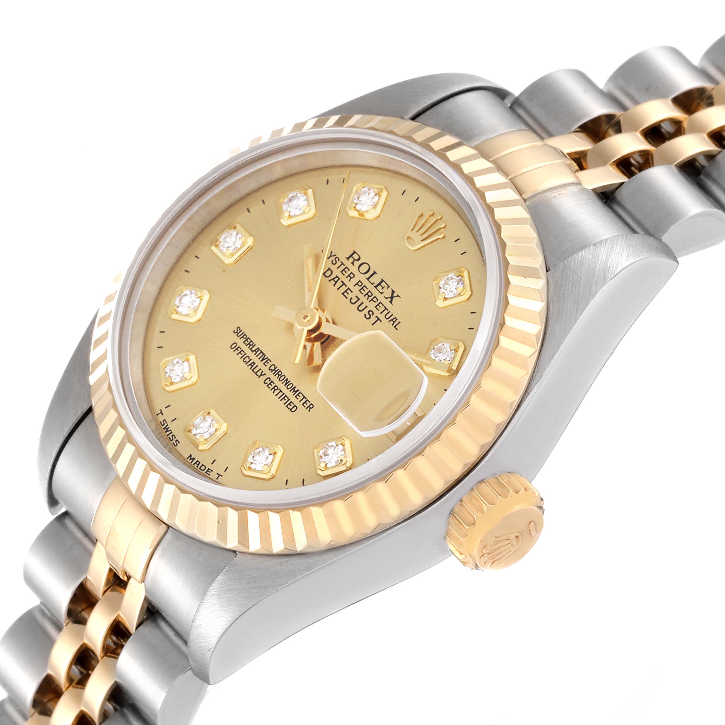 The image shows a close-up angled view of the Rolex Datejust 69173G Women's Steel and Gold (two tone) Champagne Dial 69173G Women's Steel and Gold (two tone) Champagne Dial watch, displaying the dial, bezel, crown, and part of the bracelet.