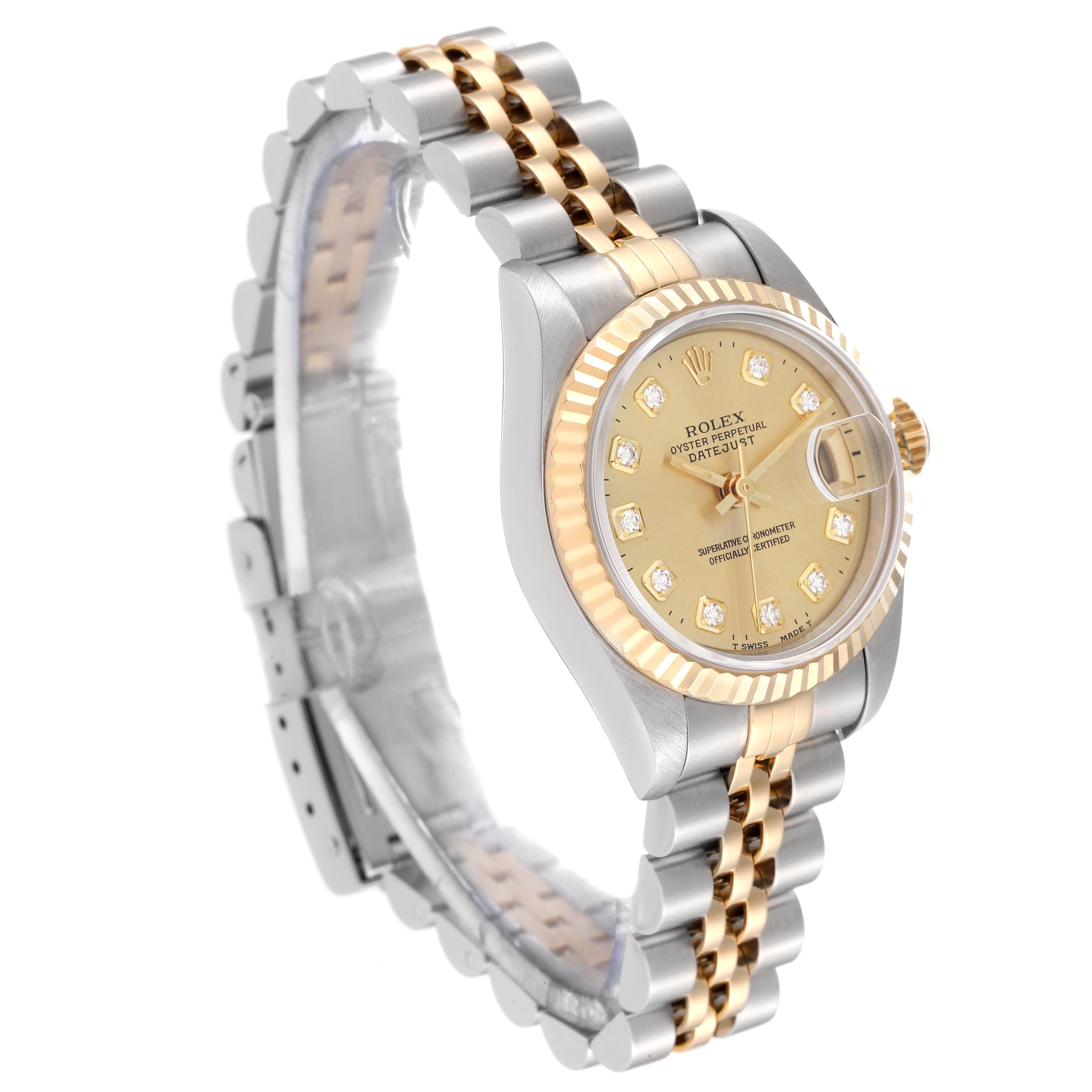 The Rolex Datejust 69173G Women's Steel and Gold (two tone) Champagne Dial 69173G Women's Steel and Gold (two tone) Champagne Dial watch is shown at an angle highlighting its gold dial, bezel, and two-tone bracelet.