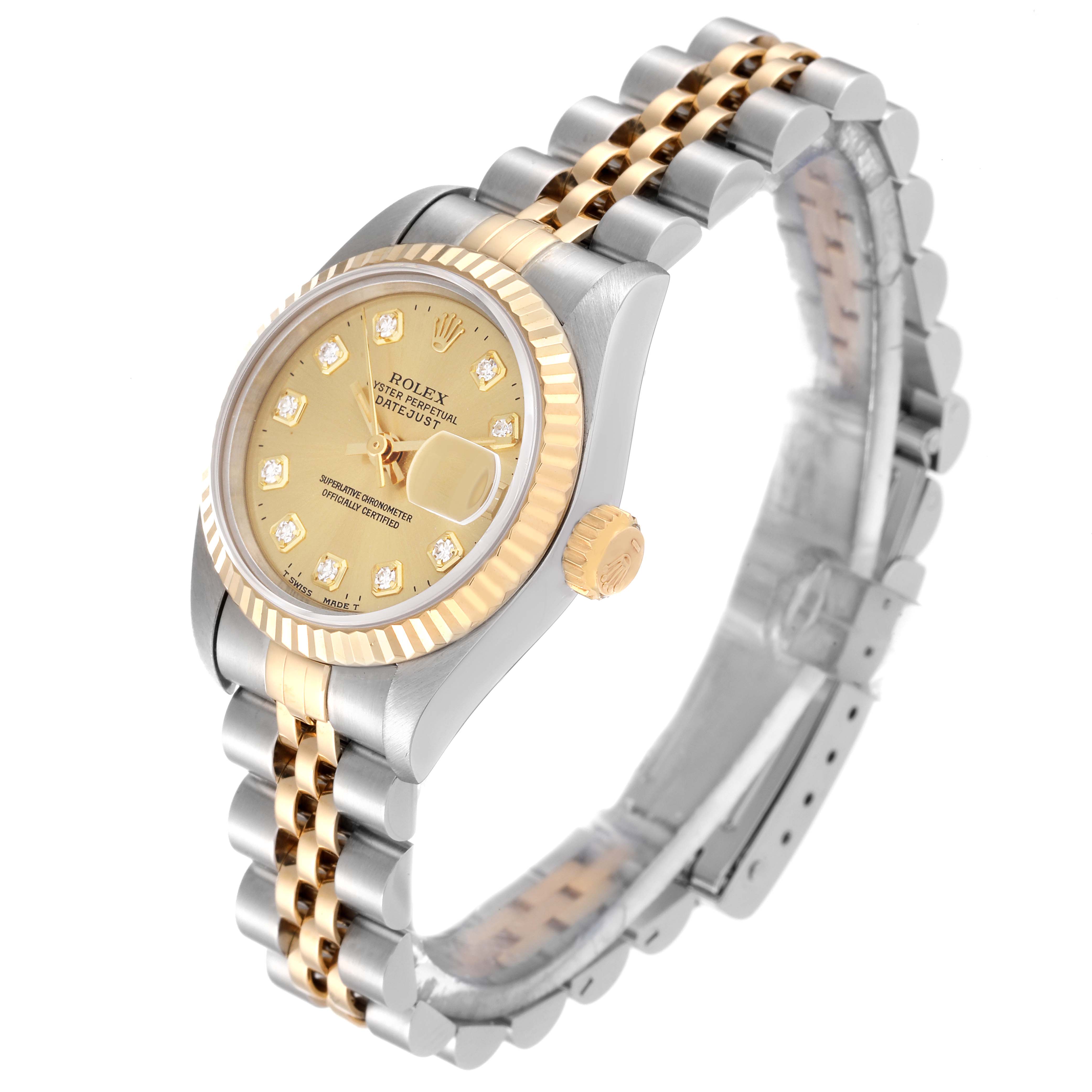 The Rolex Datejust 69173G Women's Steel and Gold (two tone) Champagne Dial 69173G Women's Steel and Gold (two tone) Champagne Dial watch is shown at a three-quarter angle, highlighting its two-tone bracelet and diamond-accented champagne dial.