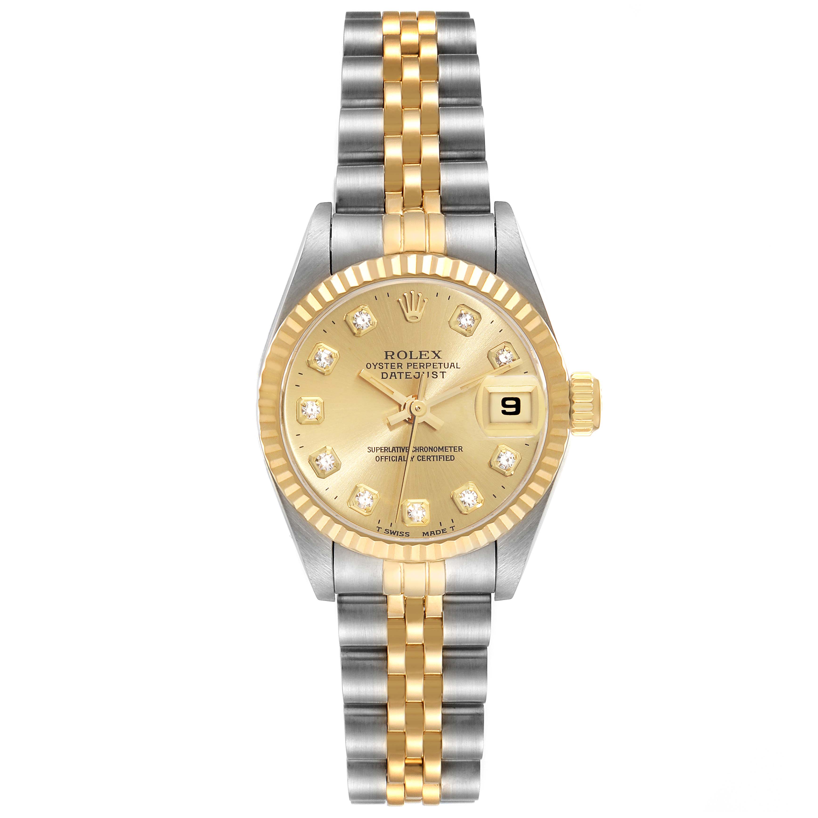 This image shows a frontal view of a Rolex Datejust 69173G Women's Steel and Gold (two tone) Champagne Dial 69173G Women's Steel and Gold (two tone) Champagne Dial watch, highlighting its gold dial, bezel, and two-tone bracelet.