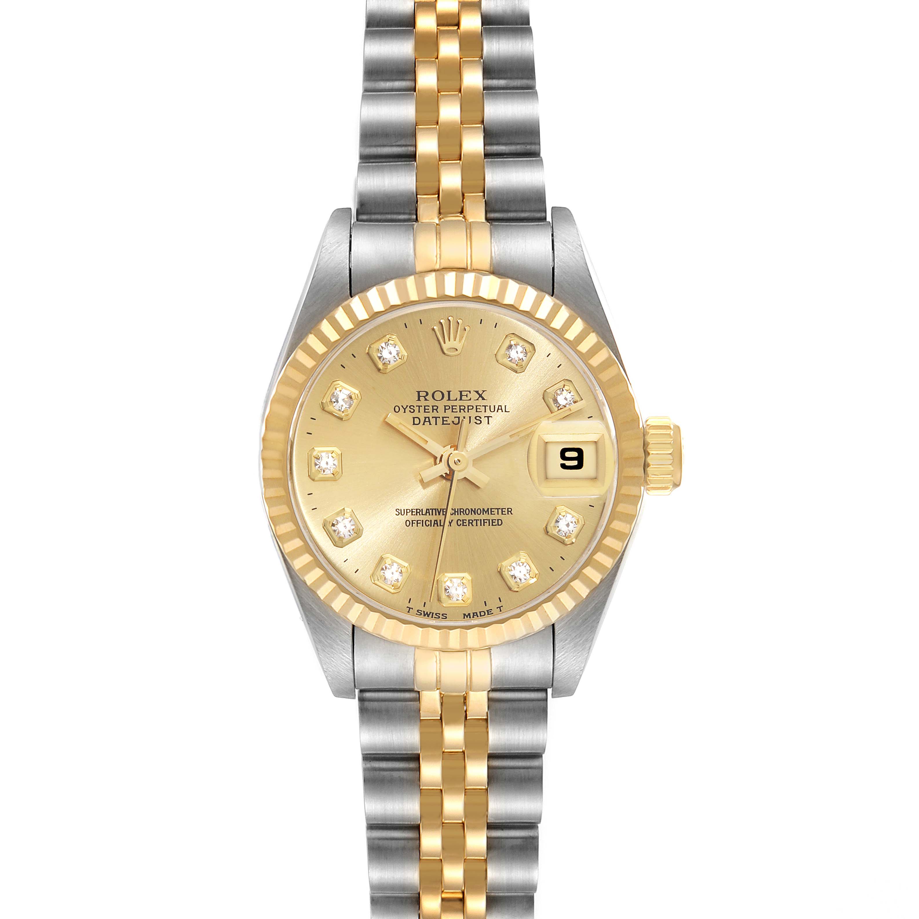 The image shows a Rolex Datejust 69173G Women's Steel and Gold (two tone) Champagne Dial 69173G Women's Steel and Gold (two tone) Champagne Dial watch from a front view, featuring its dial, bezel, and two-tone bracelet.